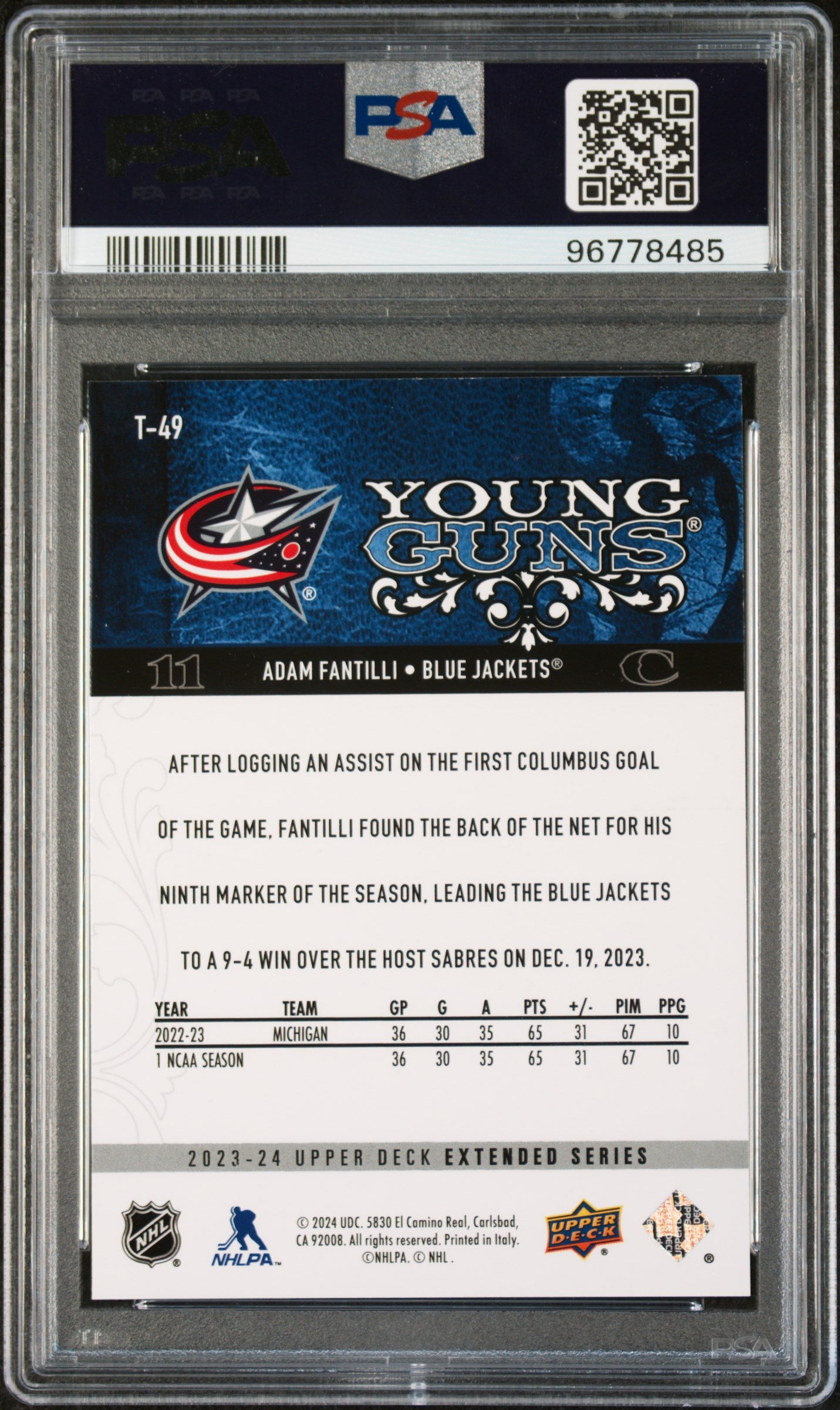 2023 Upper Deck 2008-09 Young Guns Retro Adam Fantilli #T49 '08 UD PSA 8