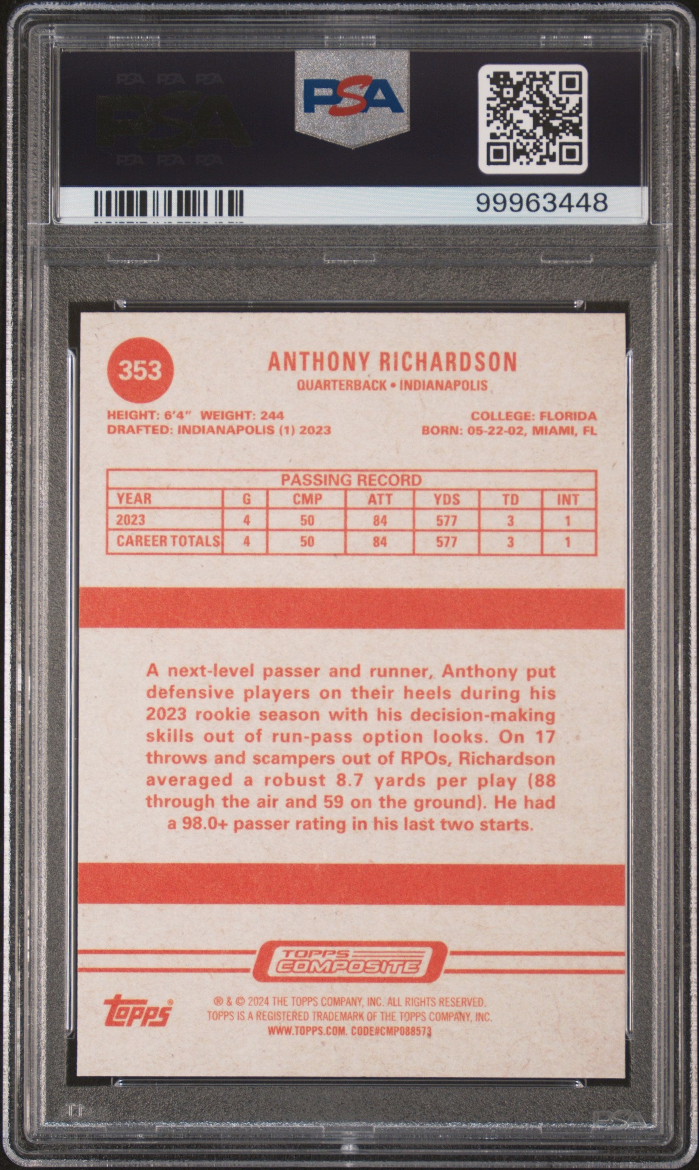2023 Topps Composite Anthony Richardson ROOKIE #353 PSA 10