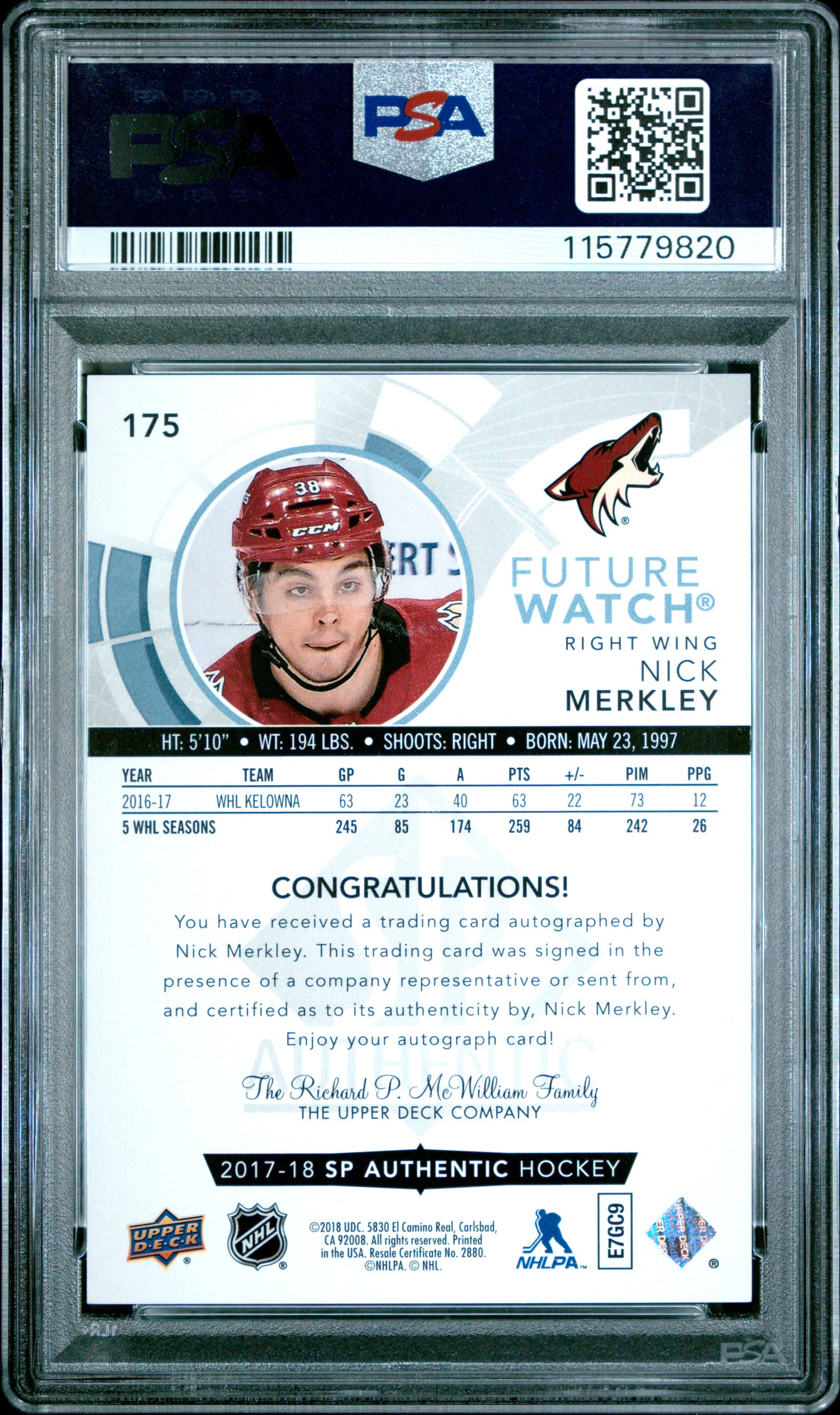 2017 SP Authentic - Nick Merkley - FUTURE WATCH AUTO /999 - PSA - INSCRIBED /50
