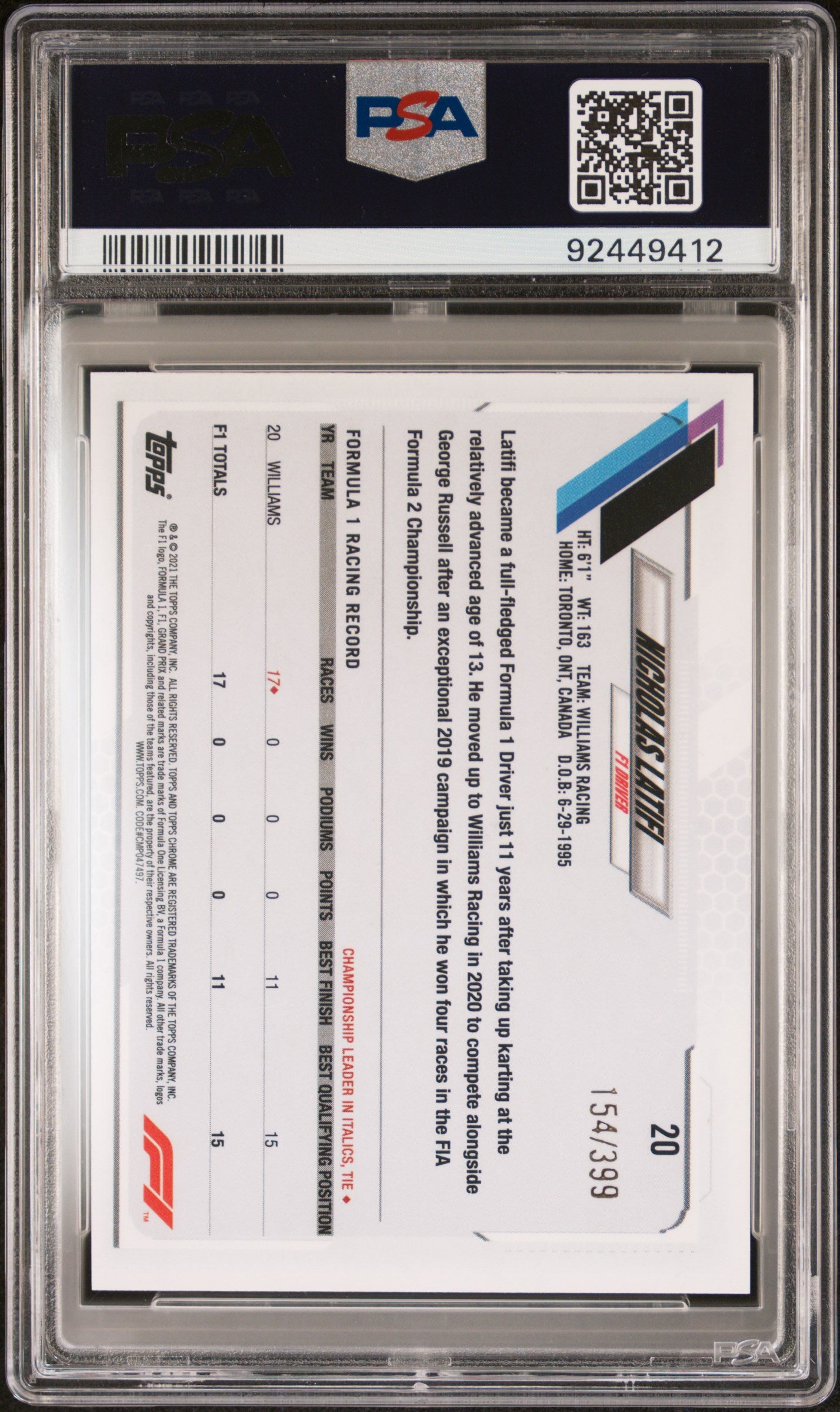 2021 Topps Chrome Formula 1 Nicholas Latifi #20 PSA 8 - /399, ## 154/399