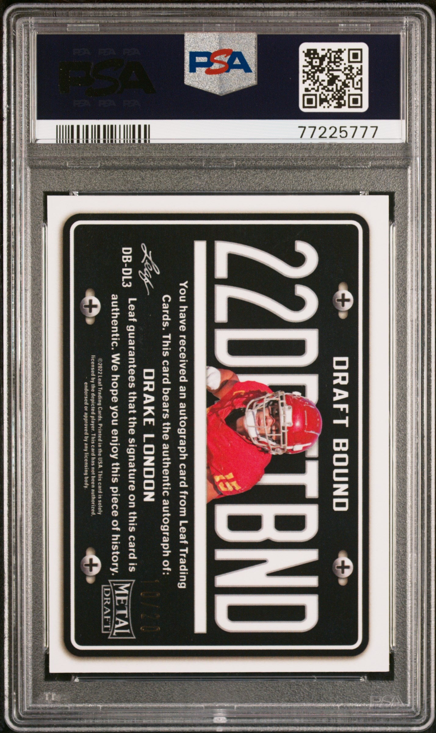 2022 Leaf Metal Draft Draft Bound Auto Drake London Blue Crystal PSA 10