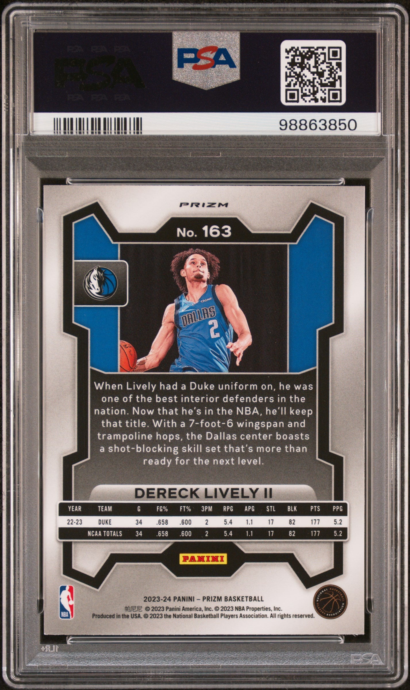 2023 Panini Prizm Dereck Lively II ROOKIE #163 Fast Break PSA 6