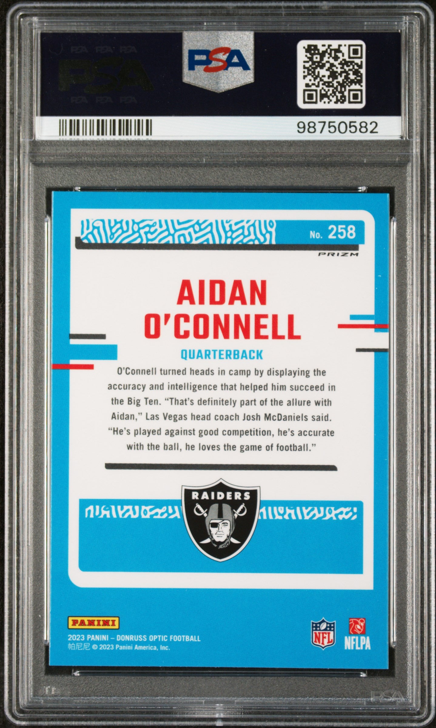 2023 Panini Donruss Optic Aidan O'connell #258 Blue Glitter PSA 9