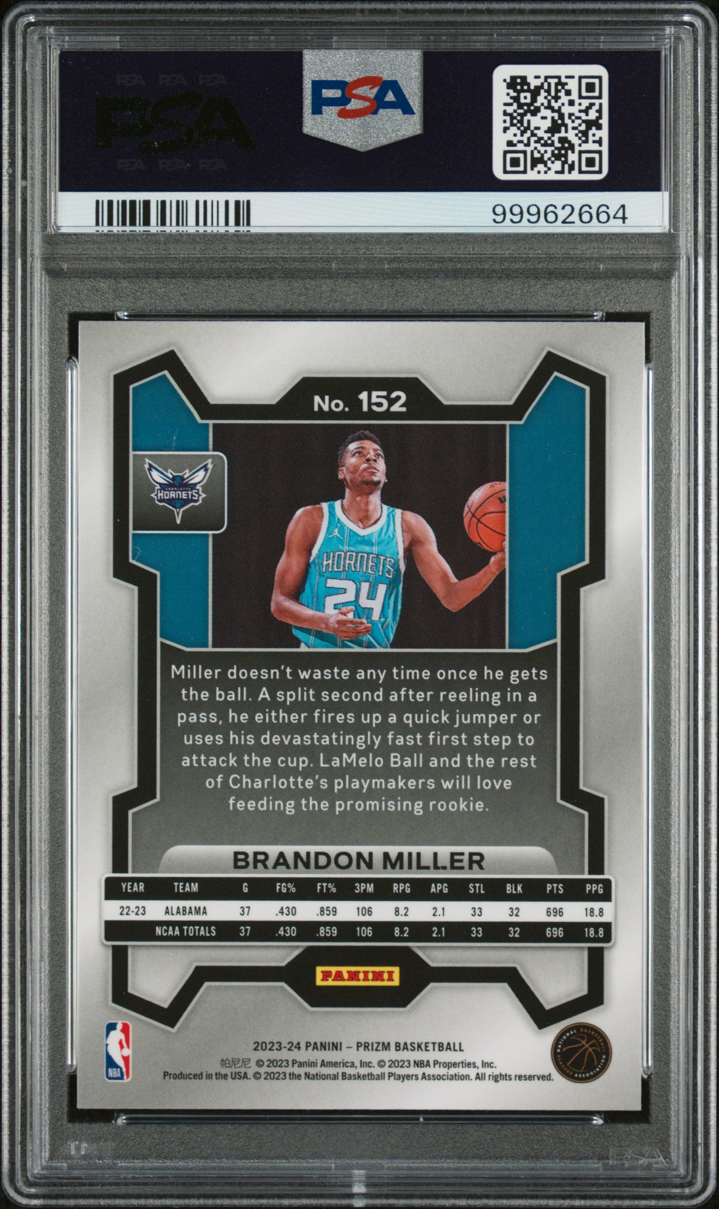 2023 Panini Prizm Brandon Miller ROOKIE #152 PSA 9