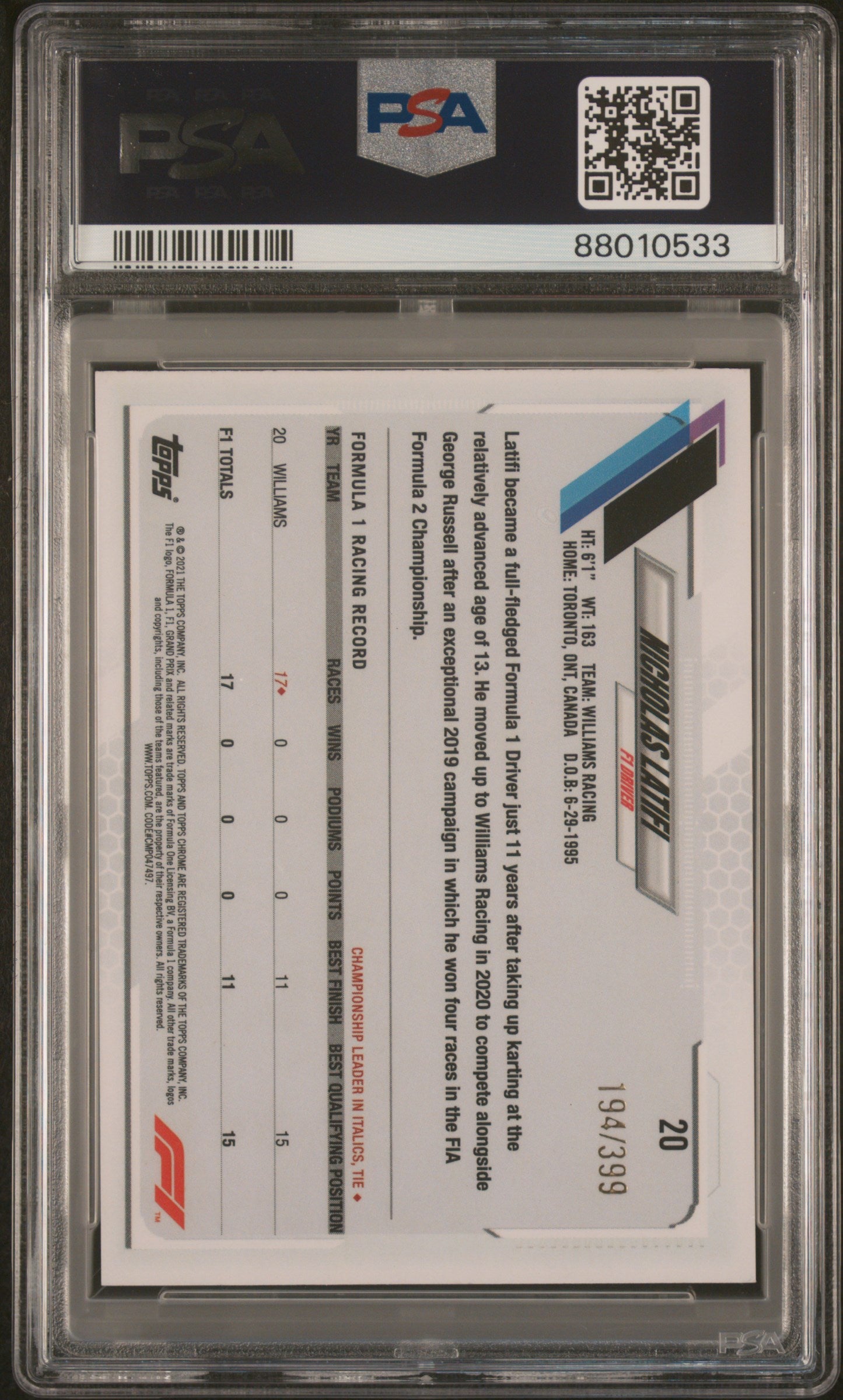 2021 Topps Chrome Formula 1 Nicholas Latifi #20 PSA 8 - /399, ## 194/399