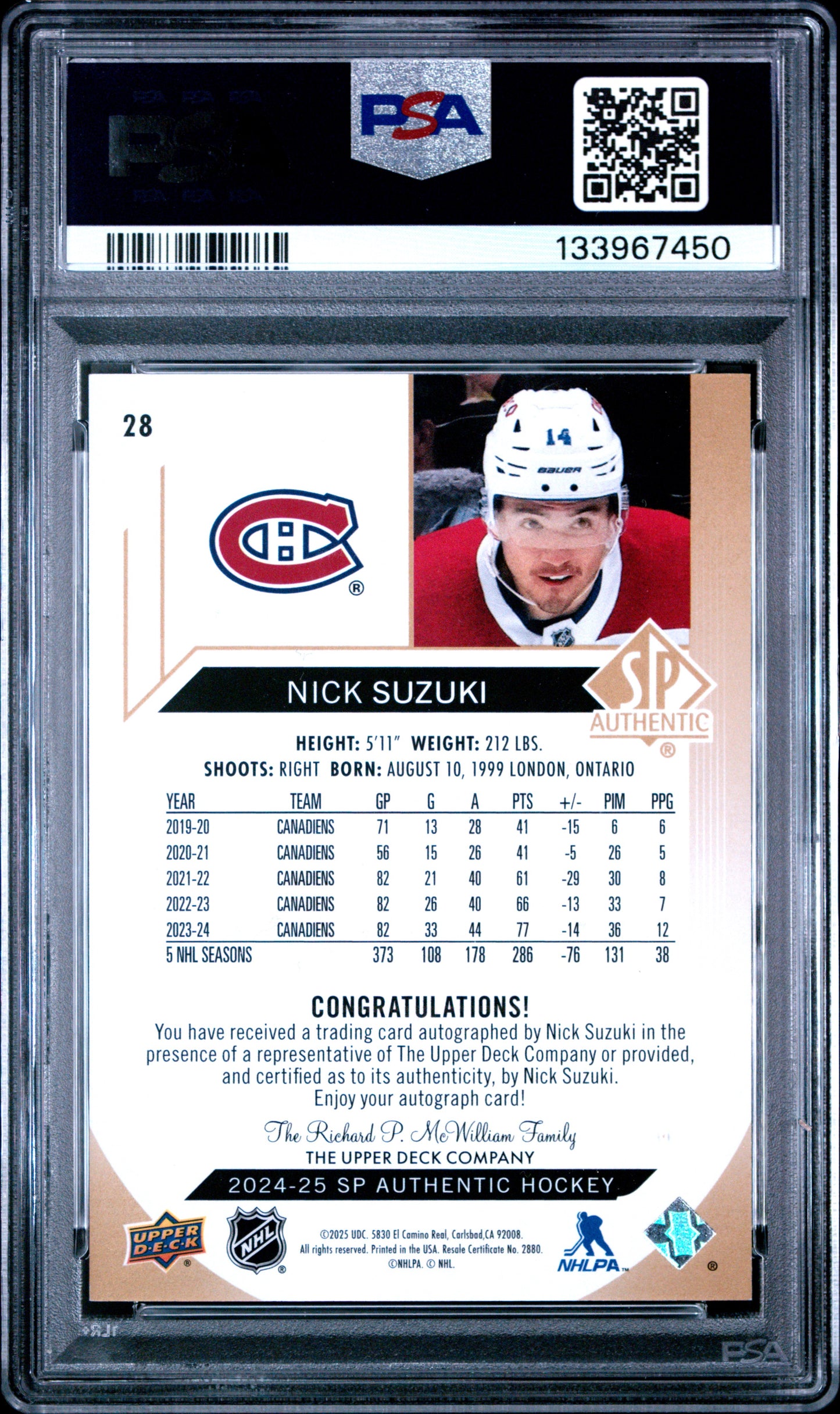 2024 SP Authentic - Nick Suzuki #28 - Autograph - Mystery Black AUTO - PSA
