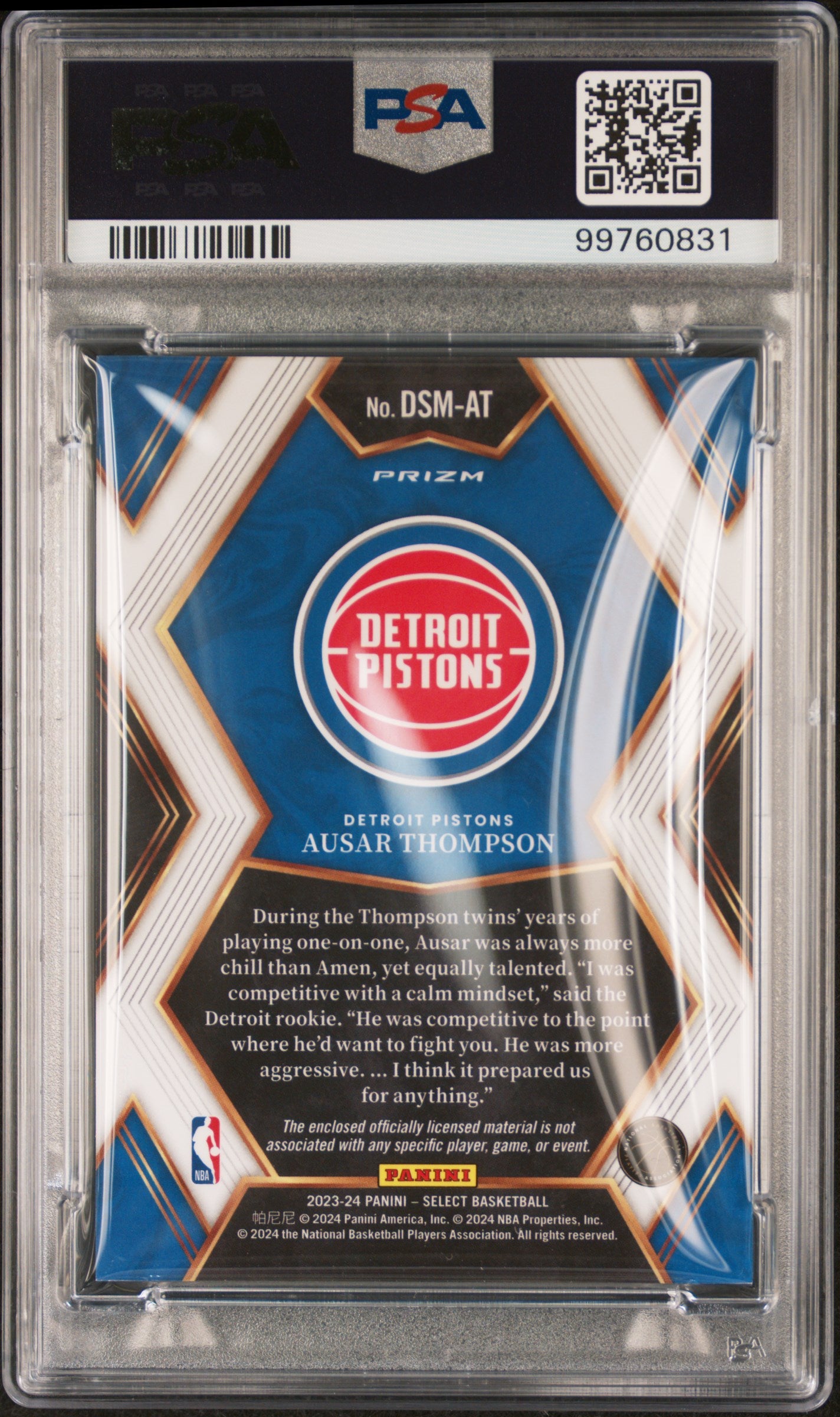 2023 Panini Select- Draft Selections Mem ROOKIE- Ausar Thompson - ROOKIE - PSA 9