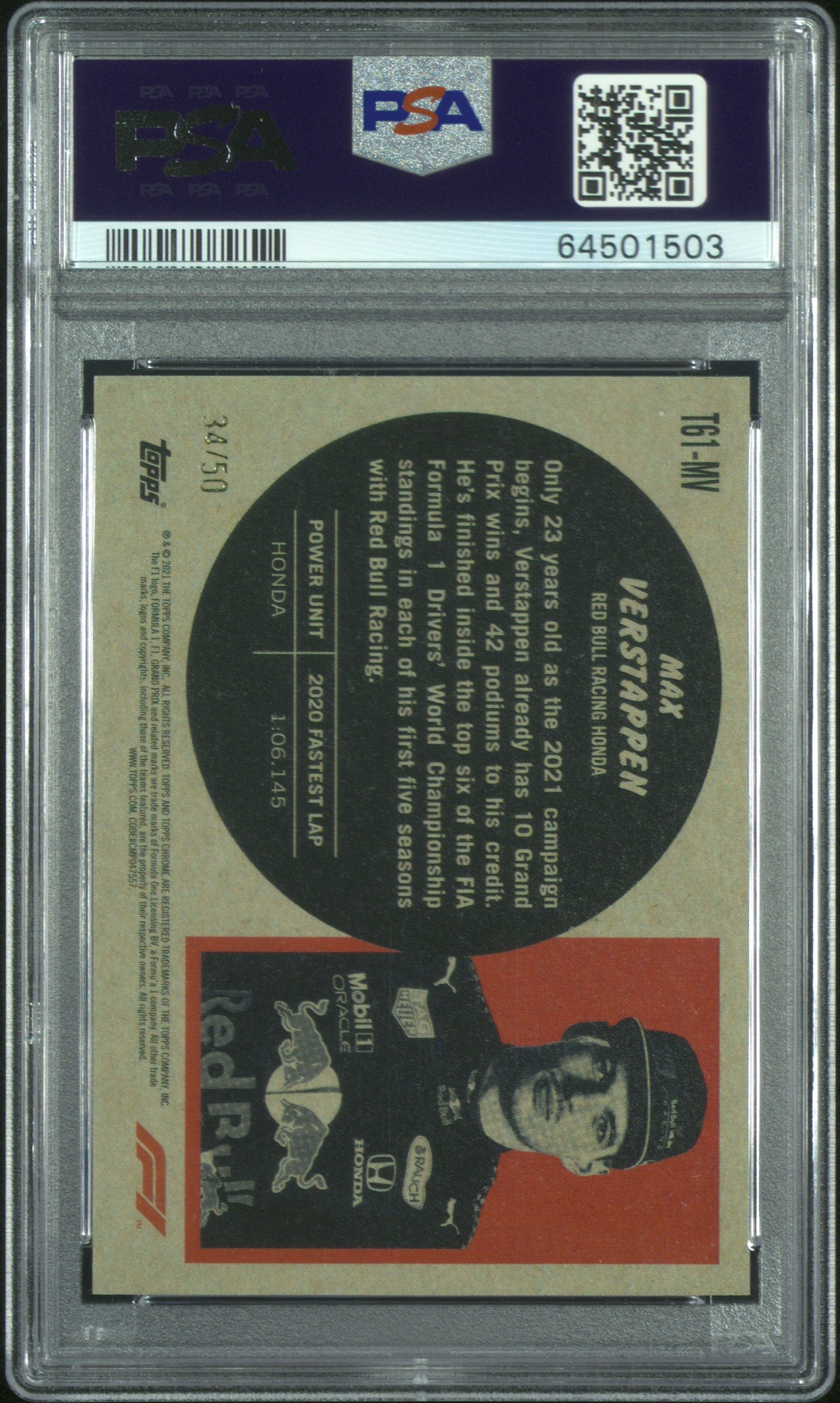 2021 Topps Chrome F1 1961 Topps Sports Cars Max Verstappen #T61MV PSA 9 - /50