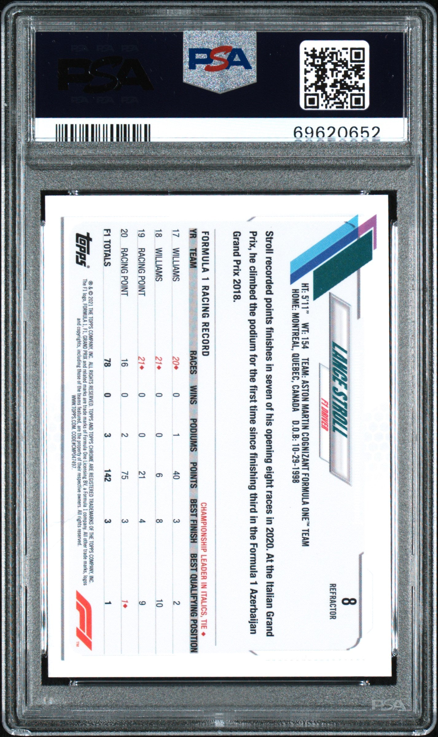 2021 Topps Chrome Formula 1 Lance Stroll #8 Refractor PSA 9