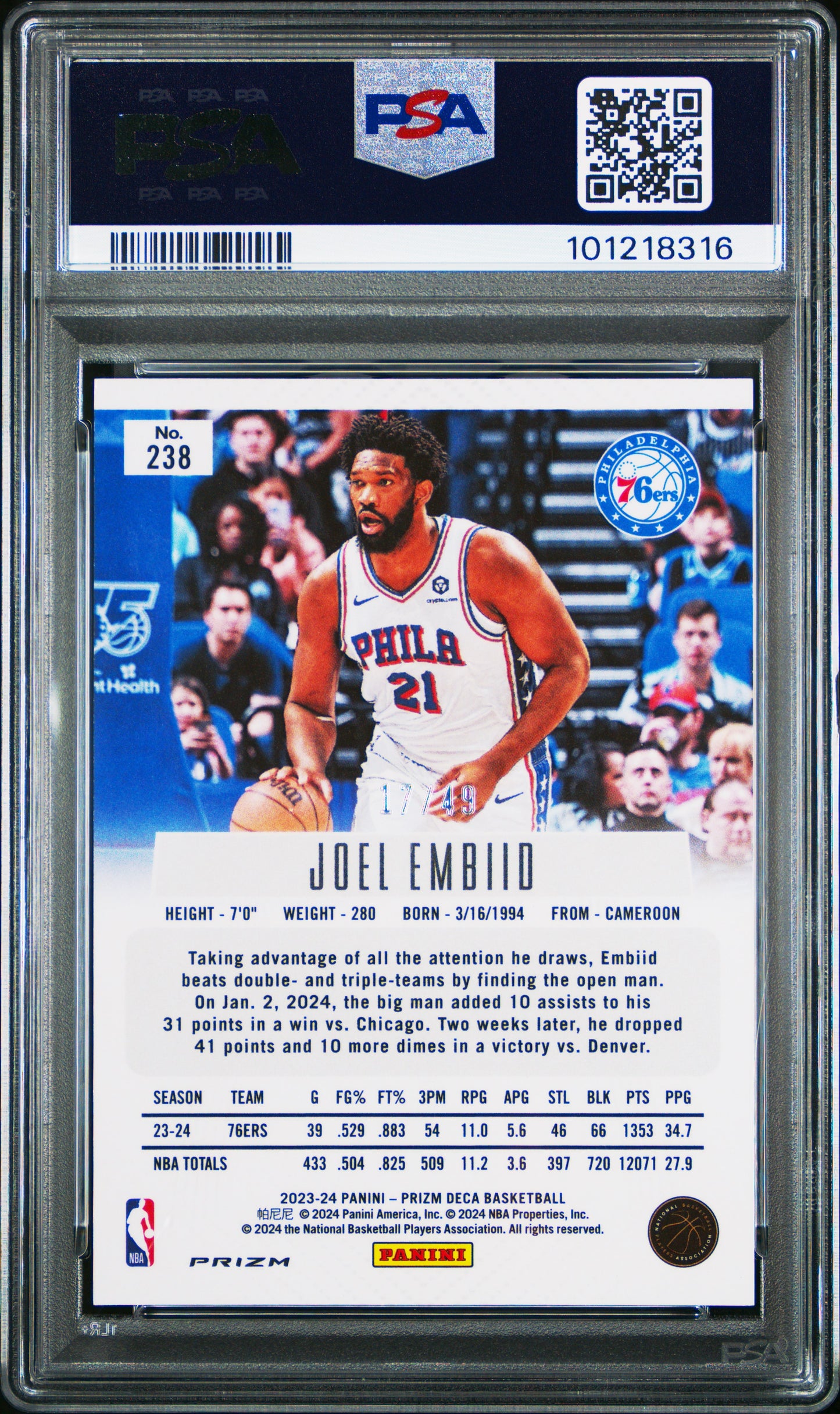 2023 Panini Prizm Deca Joel Embiid #238 - Orange /49 - PSA 9 - /49