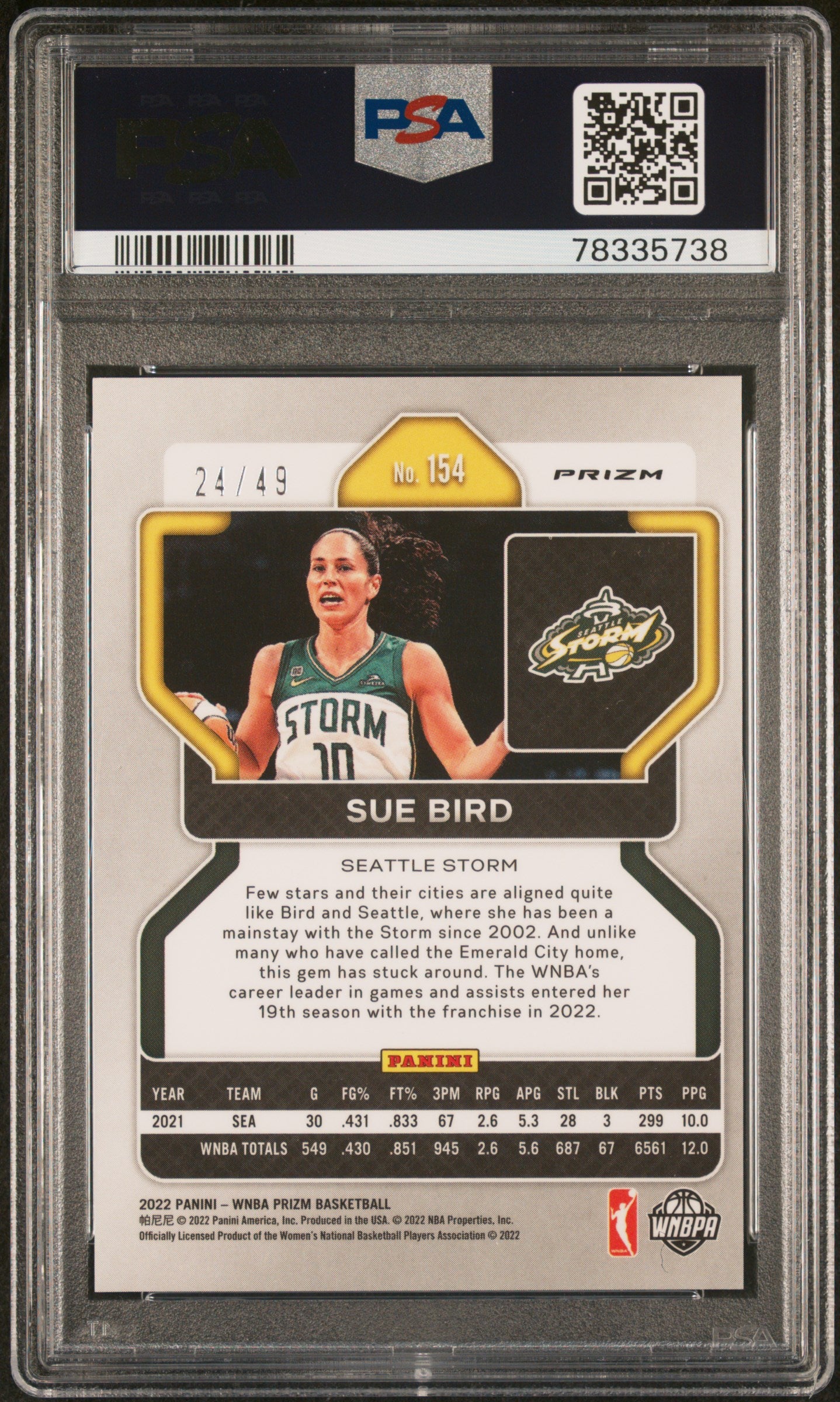 2022 Panini Orange Prizm WNBA #154 Sue Bird Storm 24/49 PSA 8 NM-MT - /49