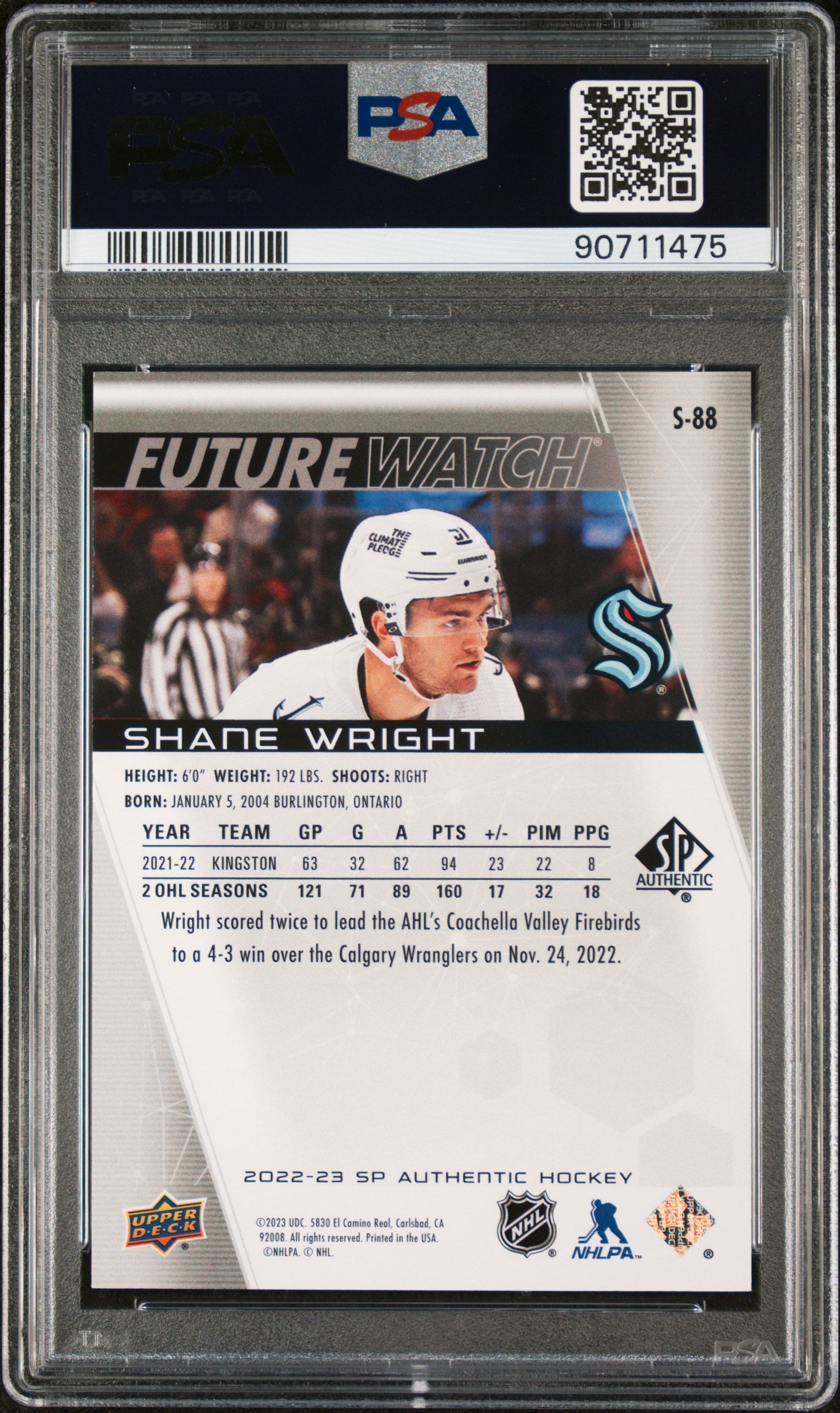 2022 SP Authentic Spectrum FX Black 1/1 Shane Wright #S88 PSA 9 - 1/1