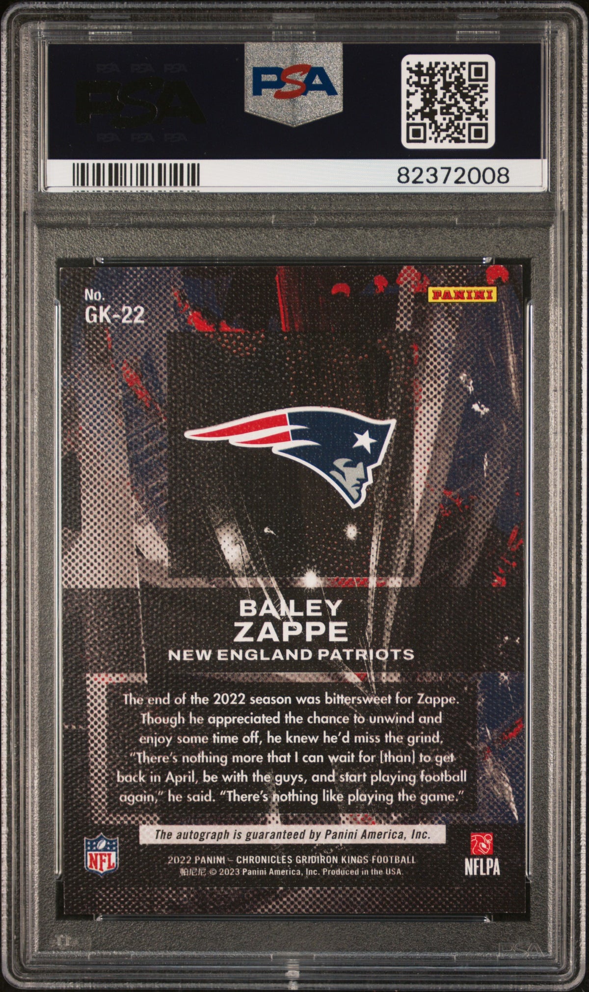 2022 Panini Chronicles - Bailey Zappe #GK22 - Gridiron Kings - ROOKIE AUTO - PSA