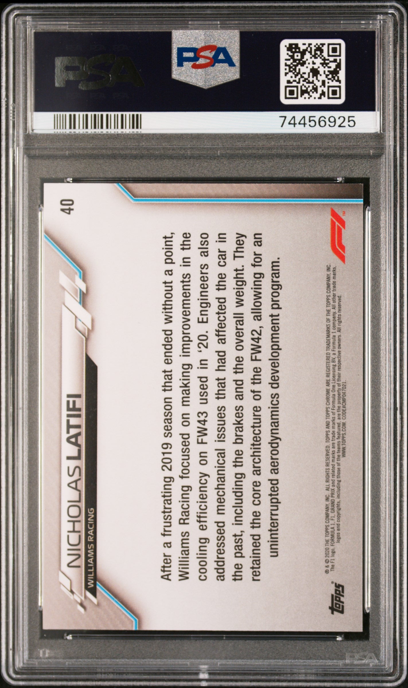 2020 Topps Chrome Formula 1 Sapphire Edition Nicholas Latifi #40 PSA 9