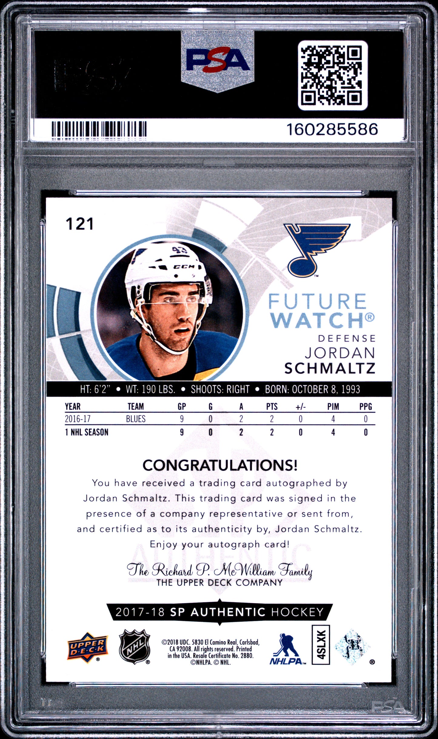 2017 SP Authentic- Jordan Schmaltz -FUTURE WATCH AUTO /999 - PSA - INSCRIBED /50