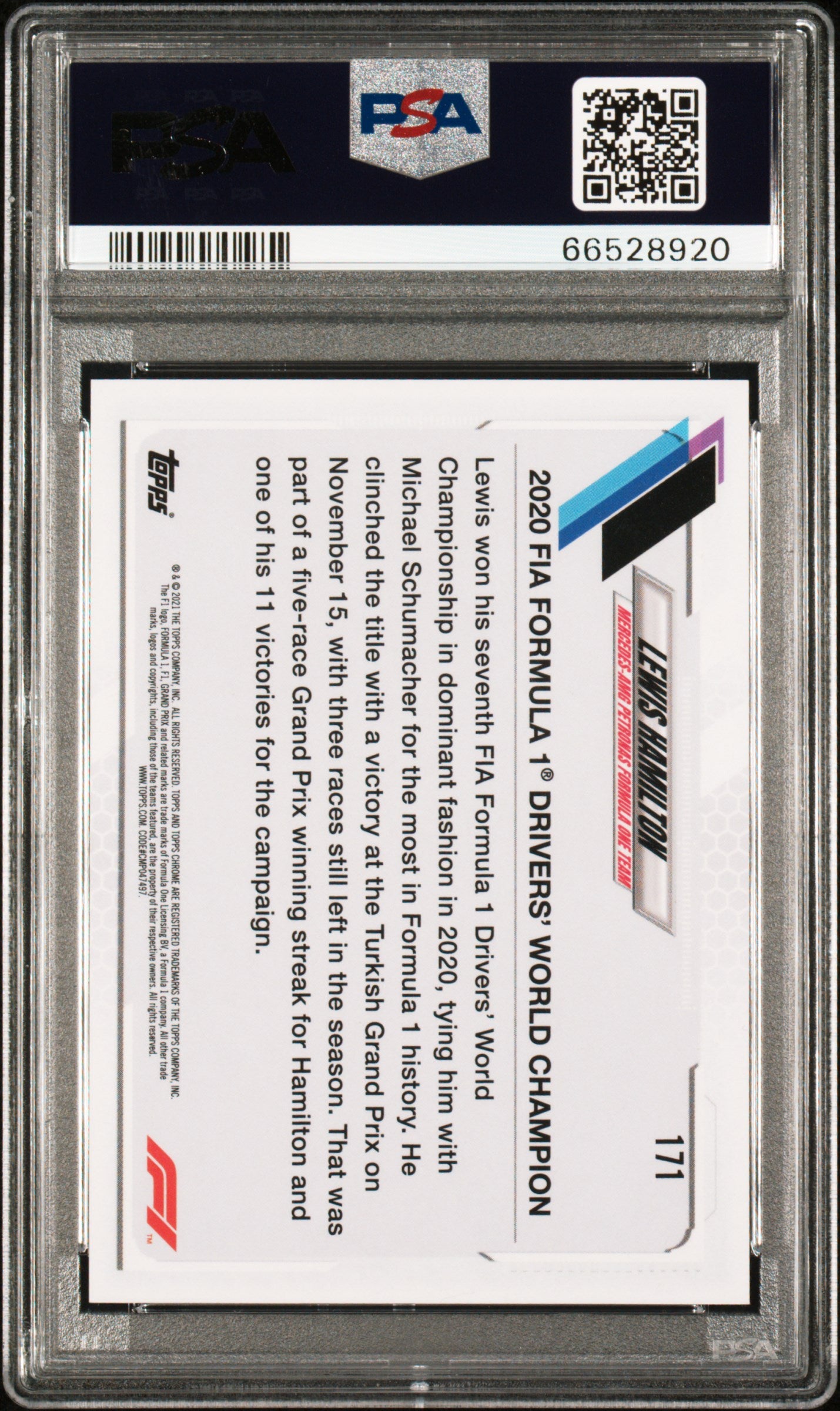 2021 Topps Chrome Formula 1 Lewis Hamilton #171 Gold Purple Refractor PSA 10