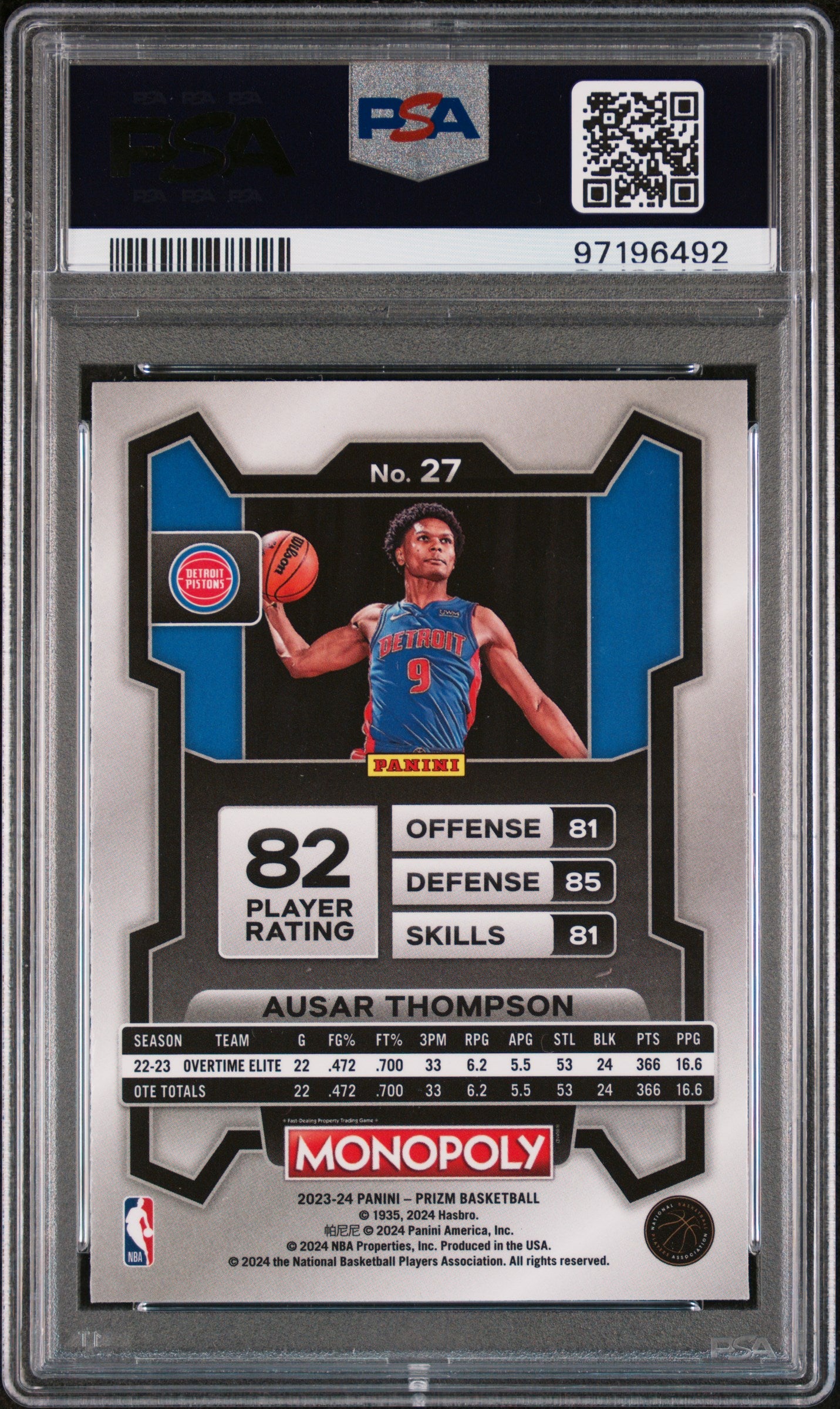 2023 Panini Prizm Monopoly Ausar Thompson ROOKIE #27 PSA 9