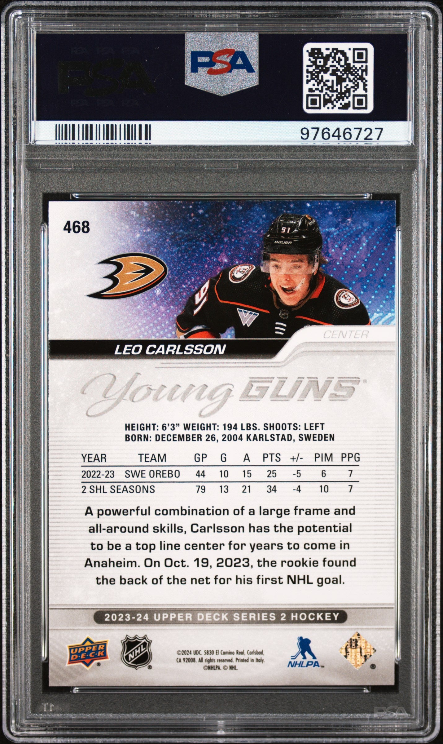 2023 Upper Deck Leo Carlsson Young Guns Rookie Card #468 PSA 9
