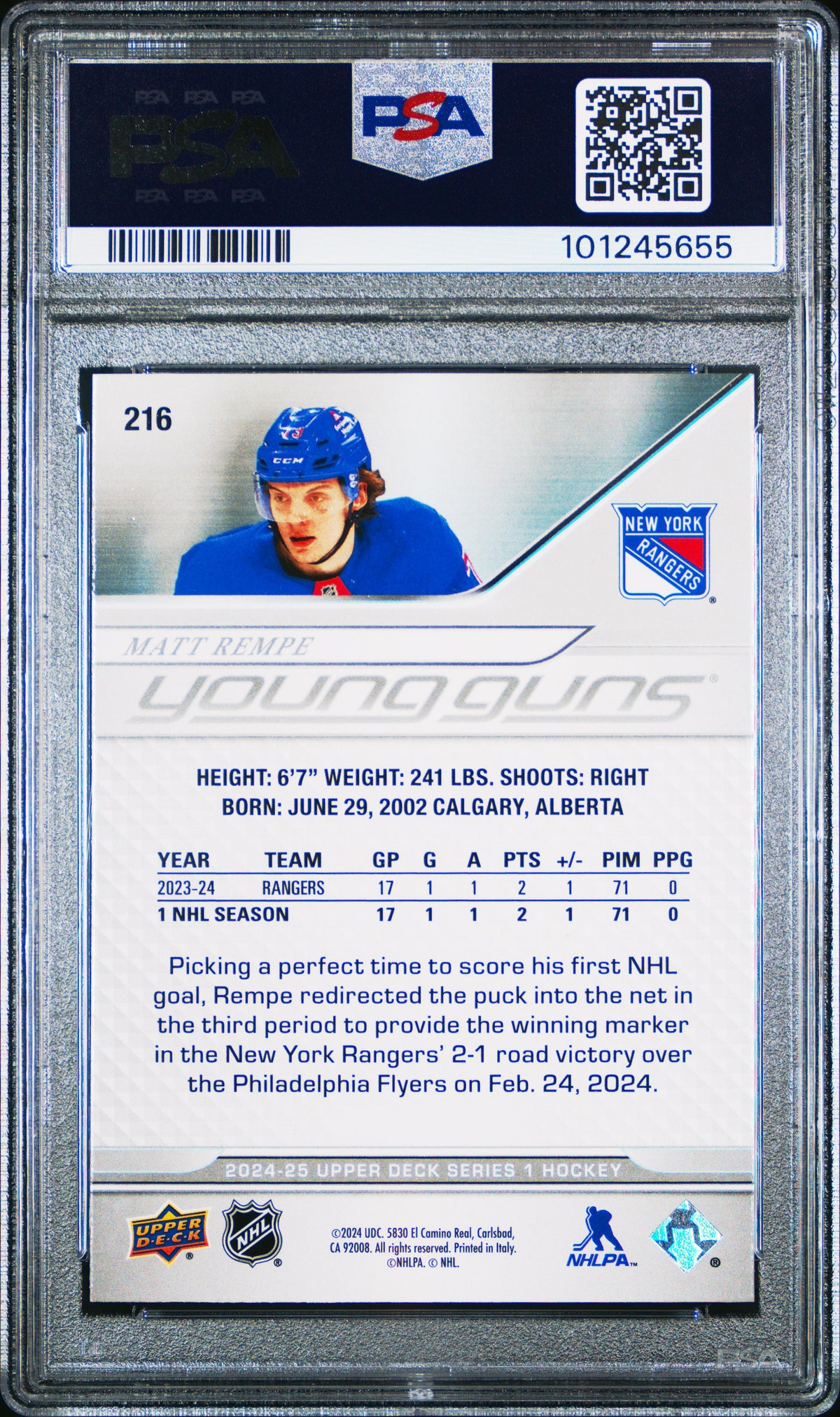 2024 Upper Deck - Matt Rempe #216 - Young Guns ROOKIE - PSA - YG ROOKIE