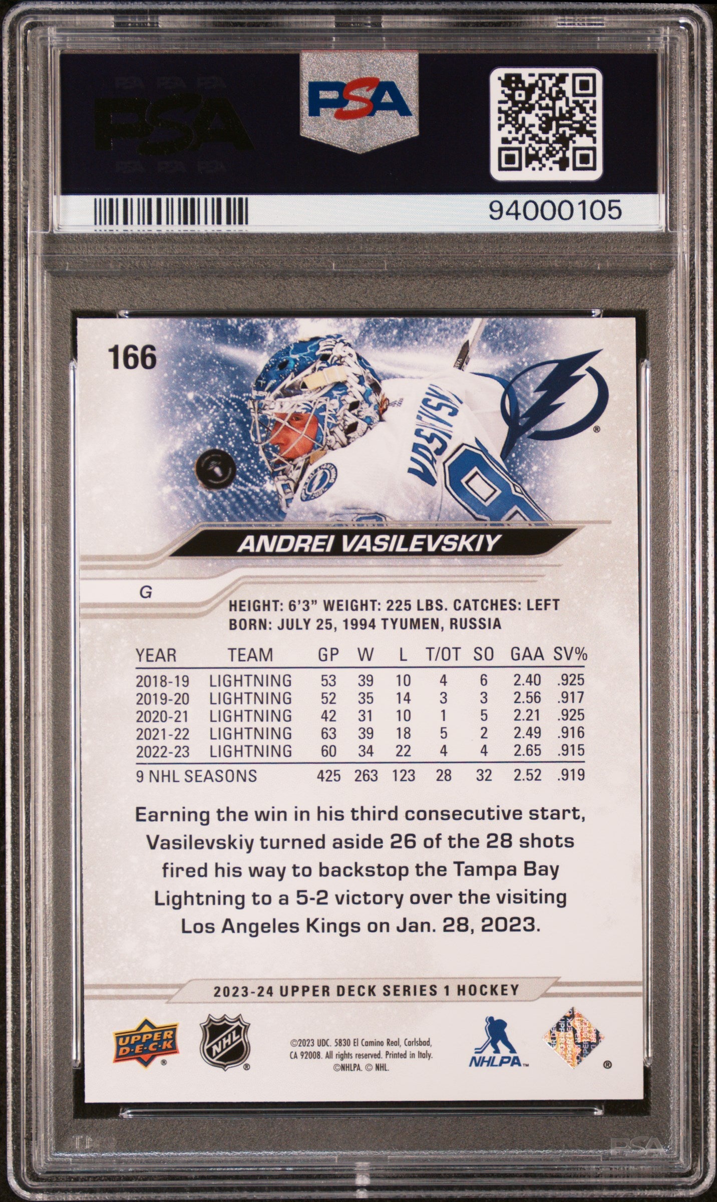 2023 Upper Deck Andrei Vasilevskiy #166 Silver Outburst PSA 9