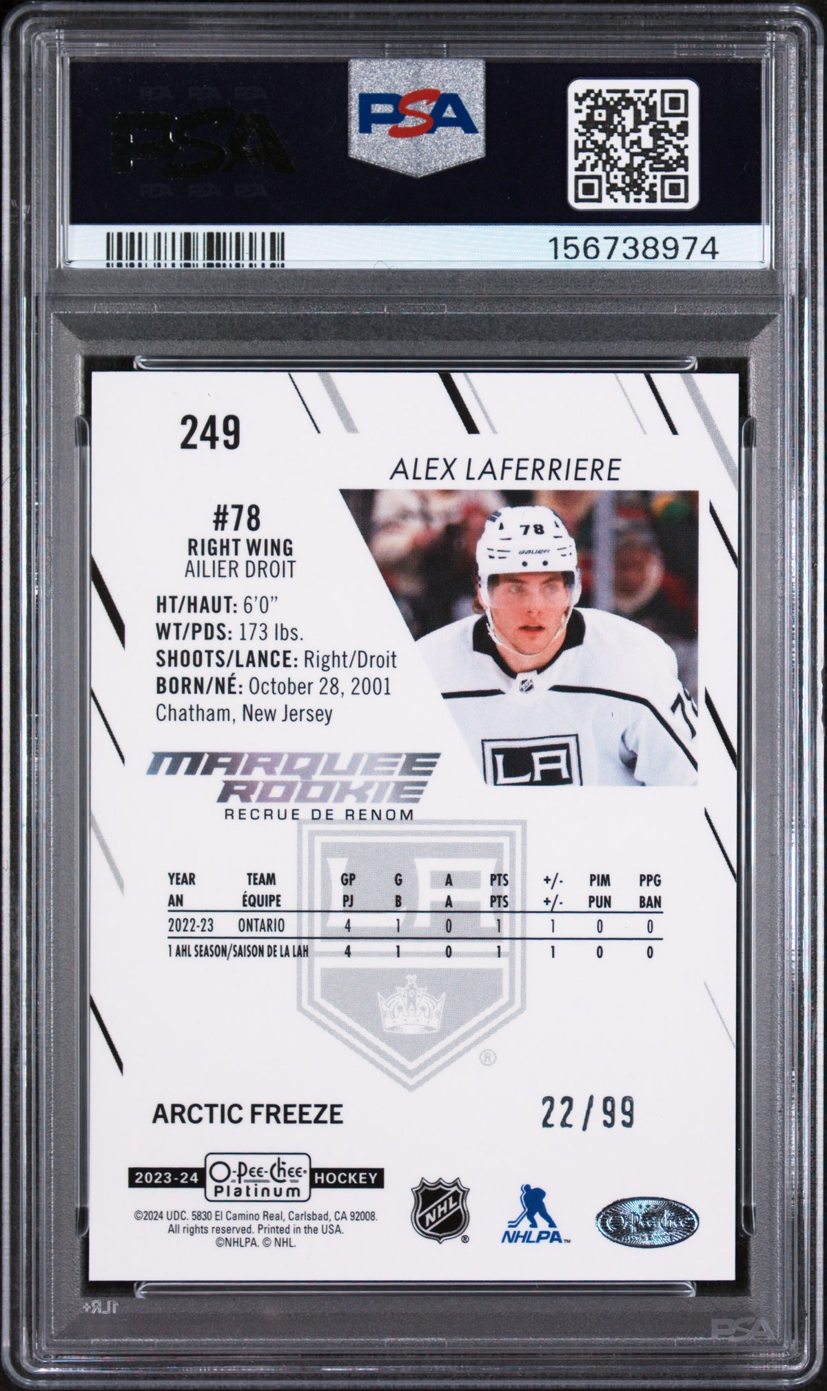 2023 O-Pee-Chee Platinum- Alex Laferriere - Arctic Freeze /99 - PSA - ROOKIE /99
