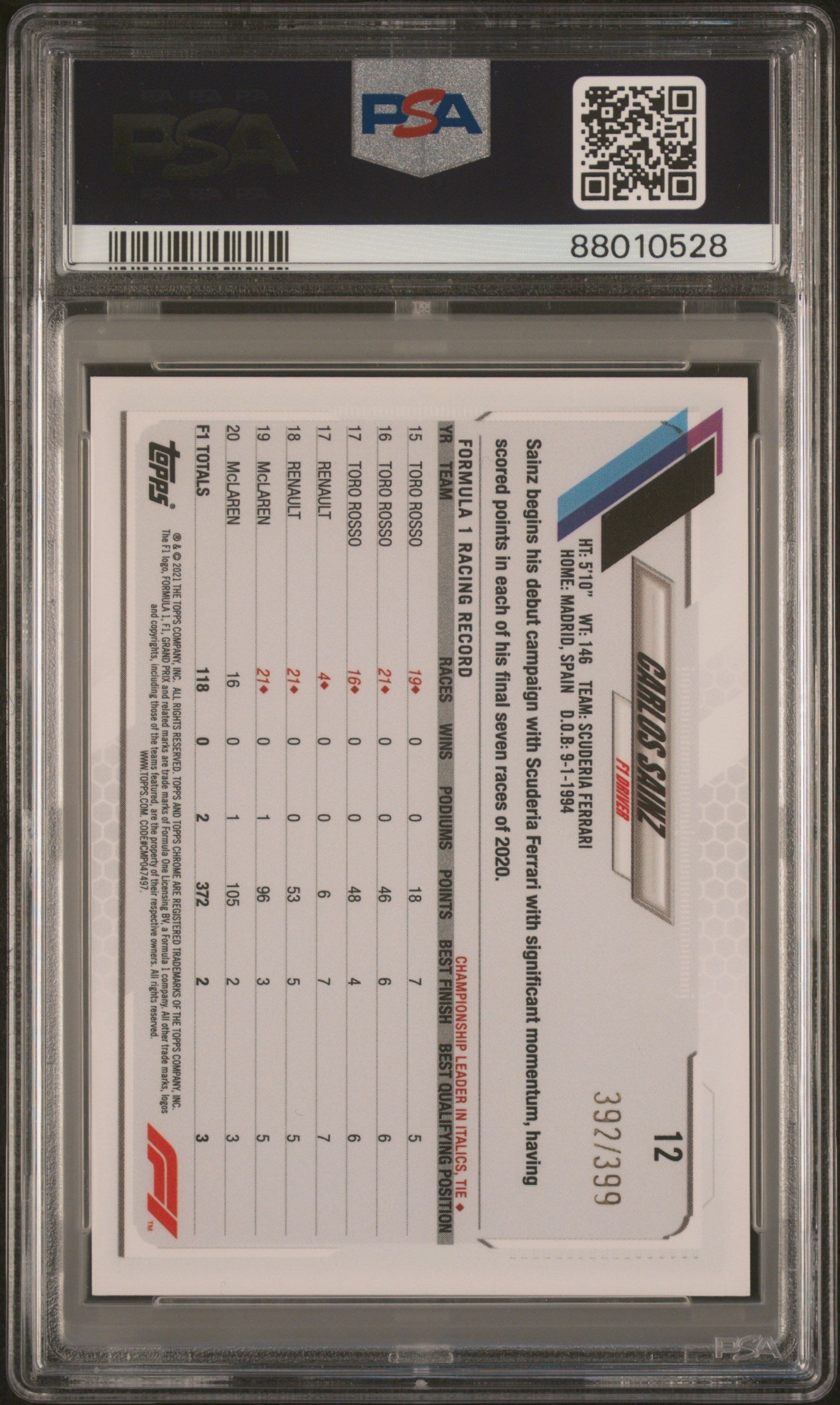 2021 Topps Chrome Formula 1 Carlos Sainz #12 PSA 9 - /399, ## 392/399