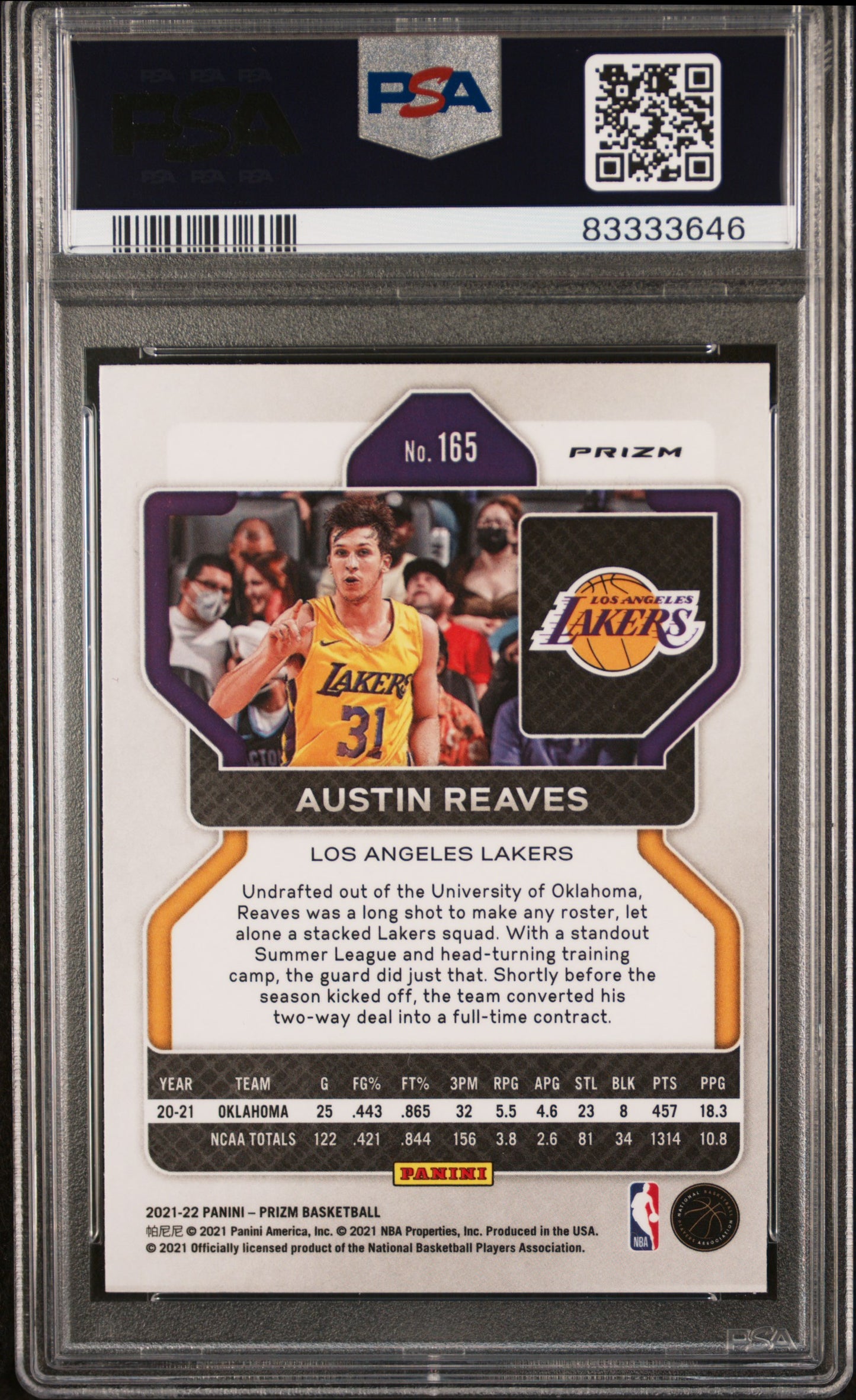 2021 Panini Prizm - Austin Reaves #165 - ROOKIE - Silver Prizm - PSA - ROOKIE