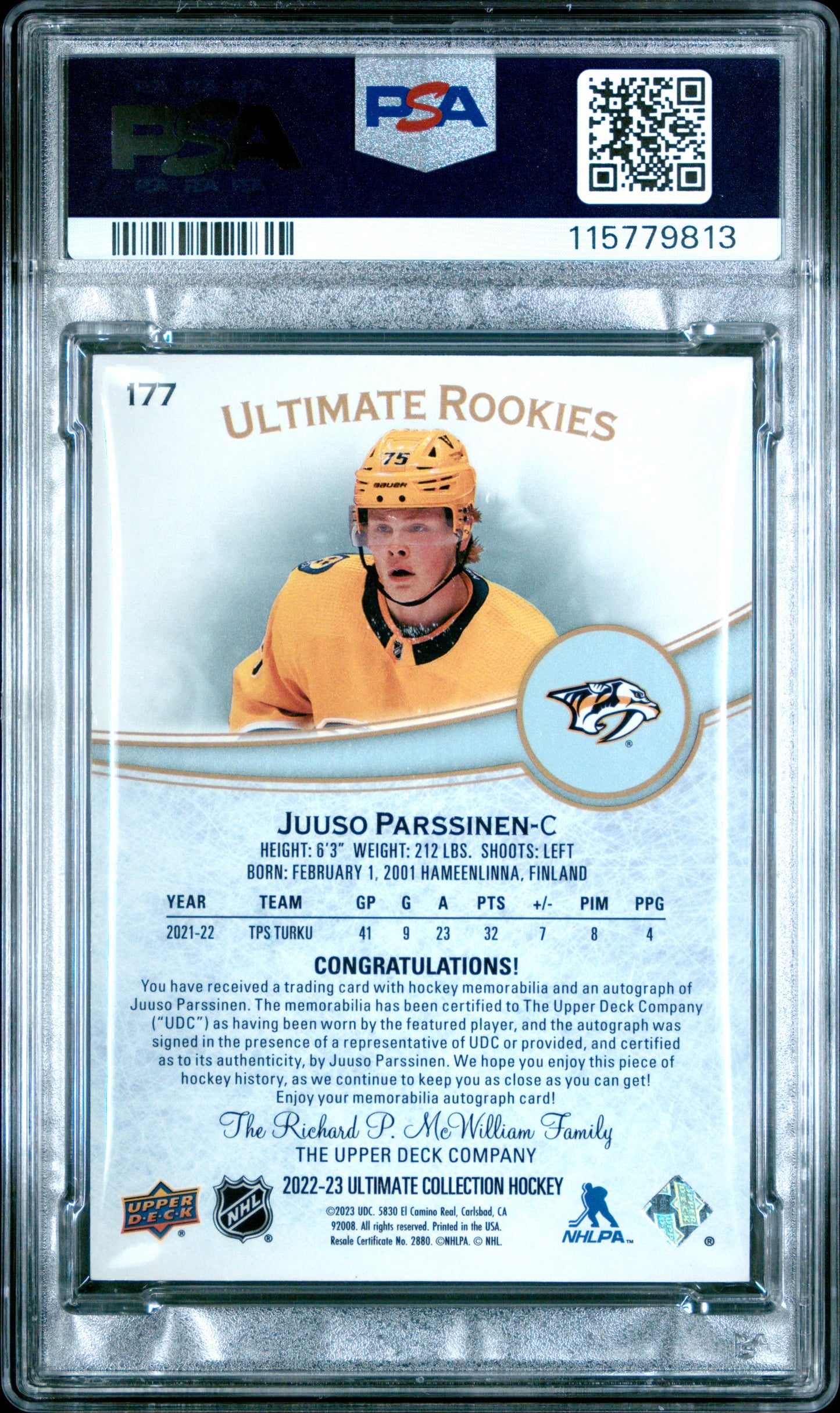 2022 Upper Deck Ultimate - Juuso Parssinen - ROOKIE PATCH AUTO /99 - PSA - /99