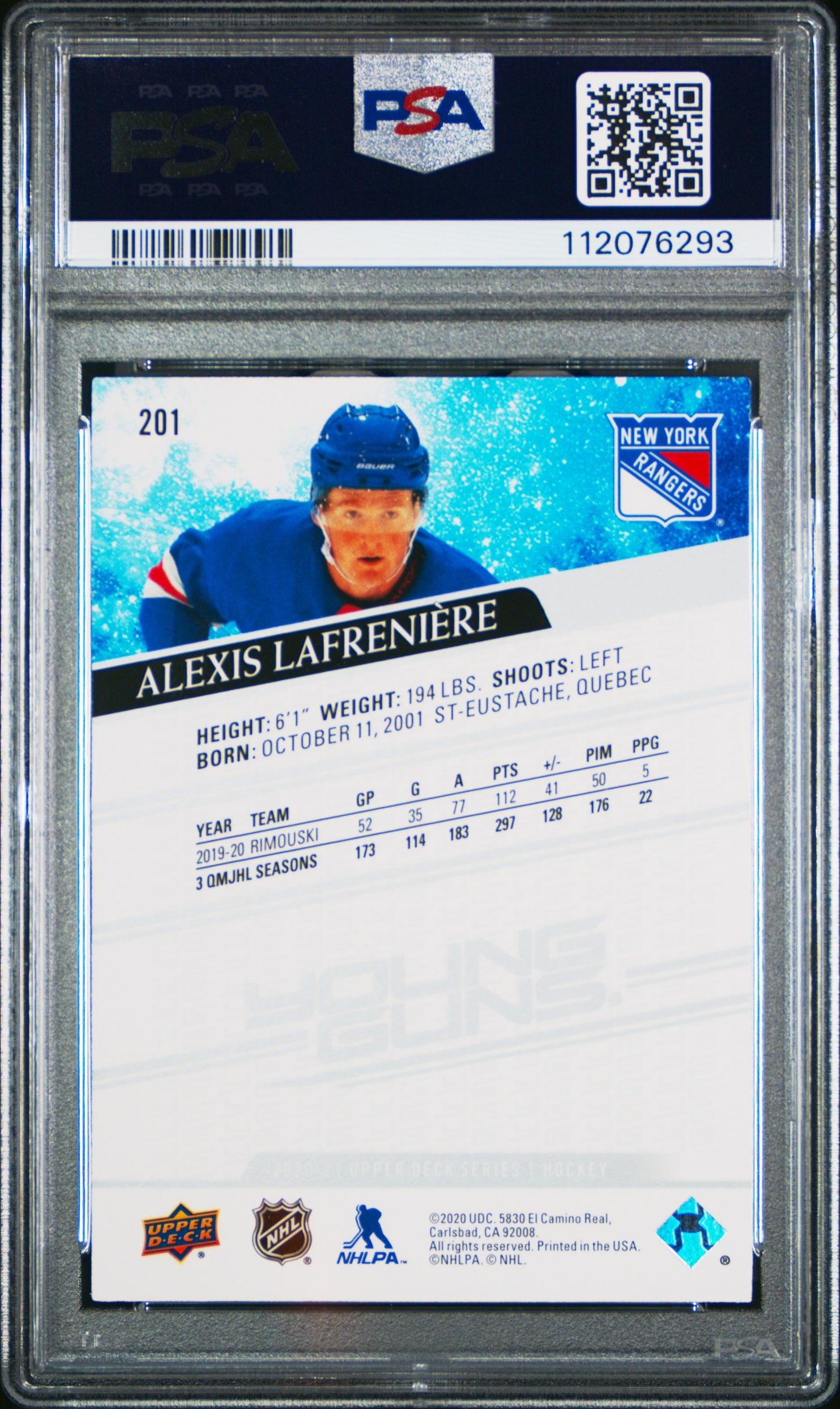 2020 Upper Deck - Alexis Lafreniere #201 - YOUNG GUNS ROOKIE - PSA - YG Rookie