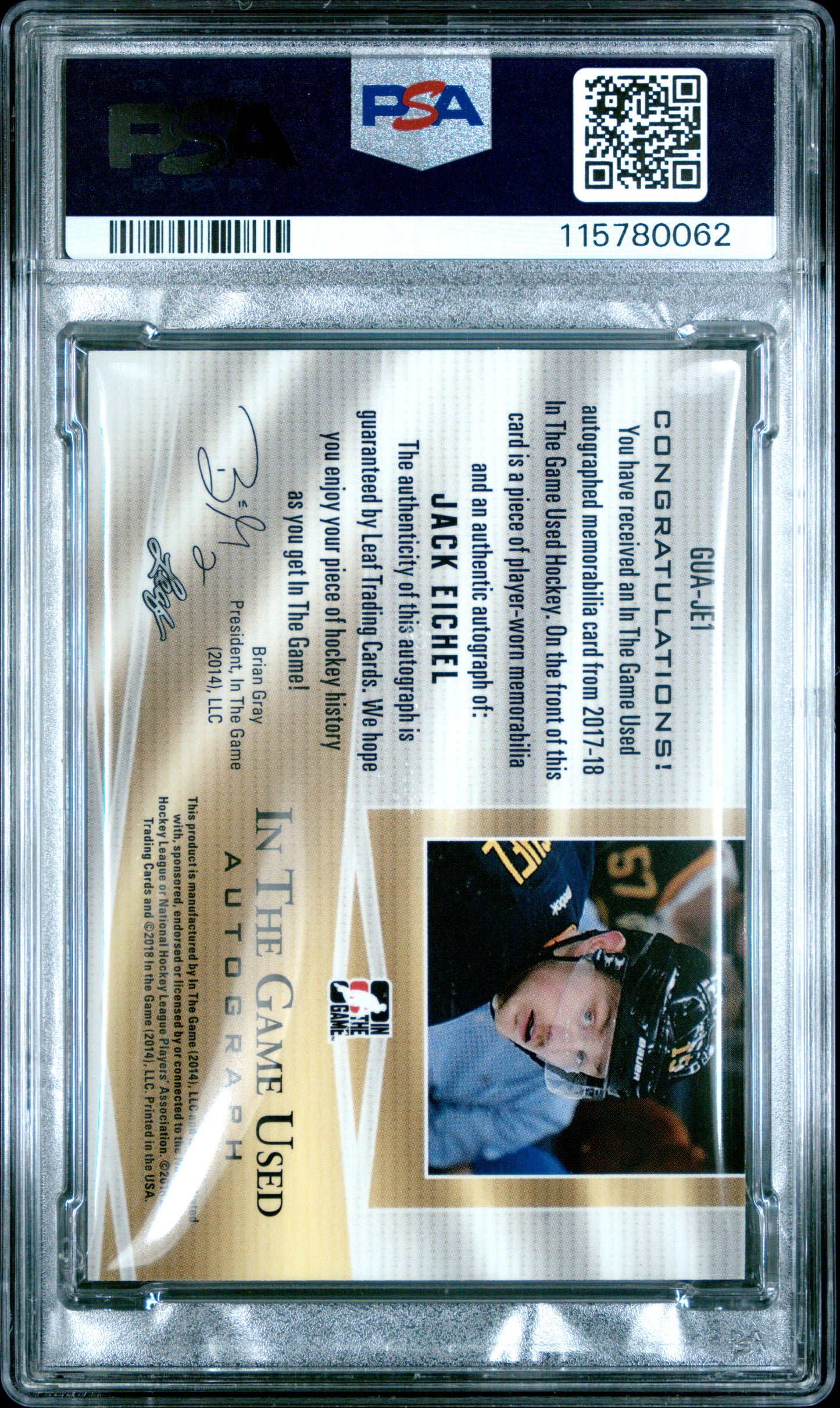 2017-18 Leaf - Jack Eichel - In The Game Used Mem - PLAYER WORN PATCH AUTO - PSA