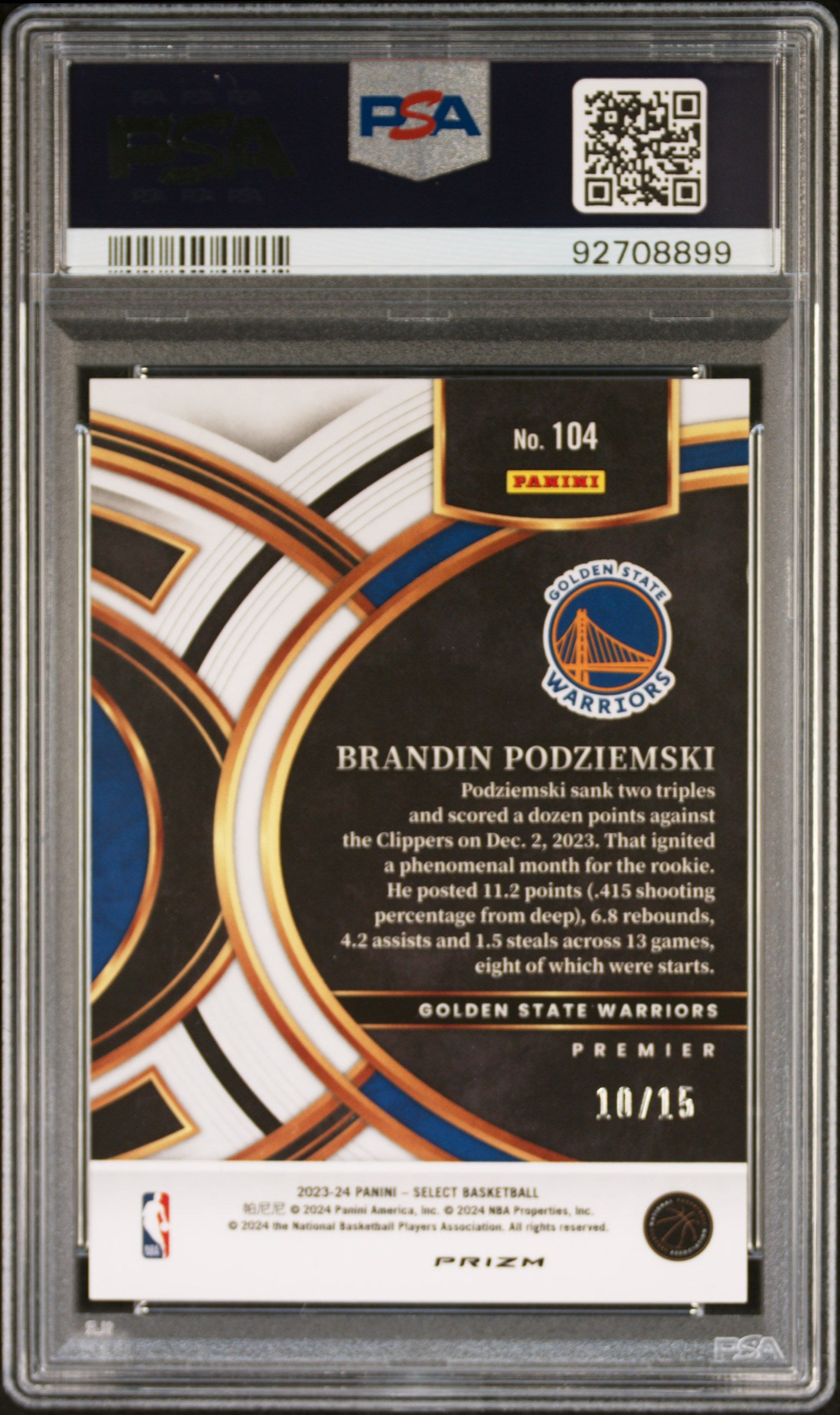 2023 Panini Select - Brandin Podziemski /15 - Neon Orange Pulsar /15 - PSA 10