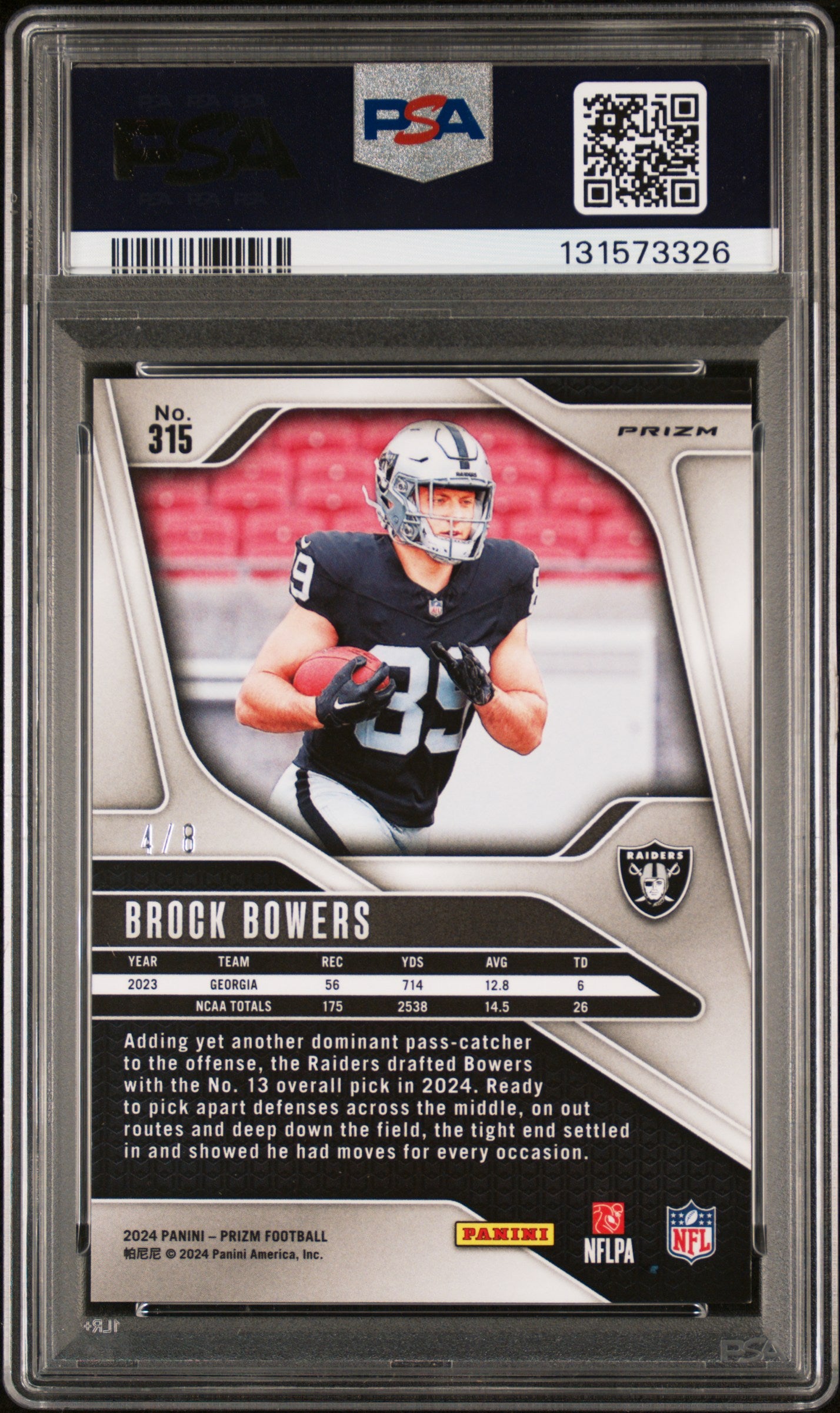 2024 Panini Prizm - Brock Bowers - ROOKIE - Green Sparkle /8 - ROOKIE - PSA /8