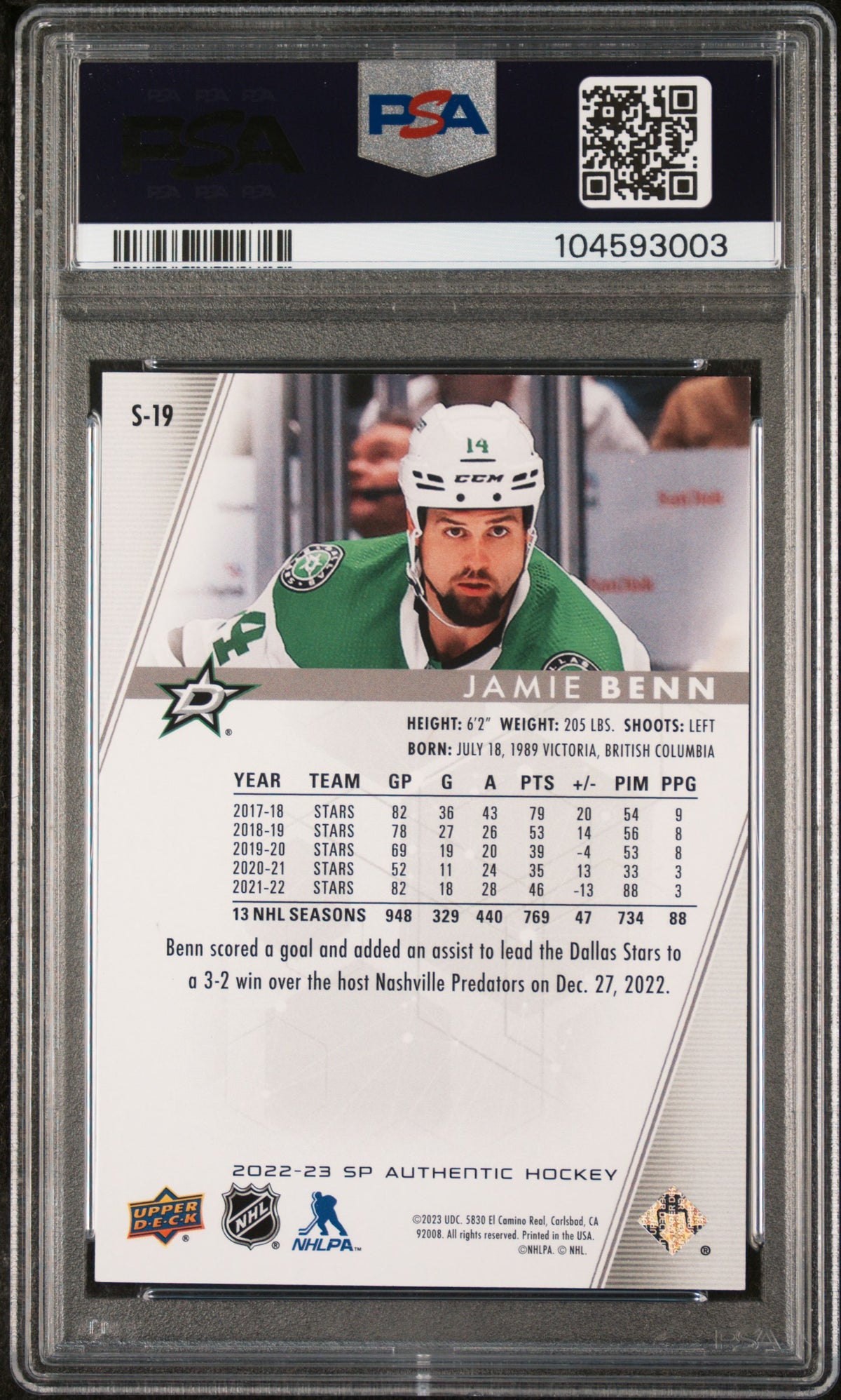 2022 SP Authentic - Jamie Benn #S19 - Spectrum FX Gold /50 - PSA - GOLD /50