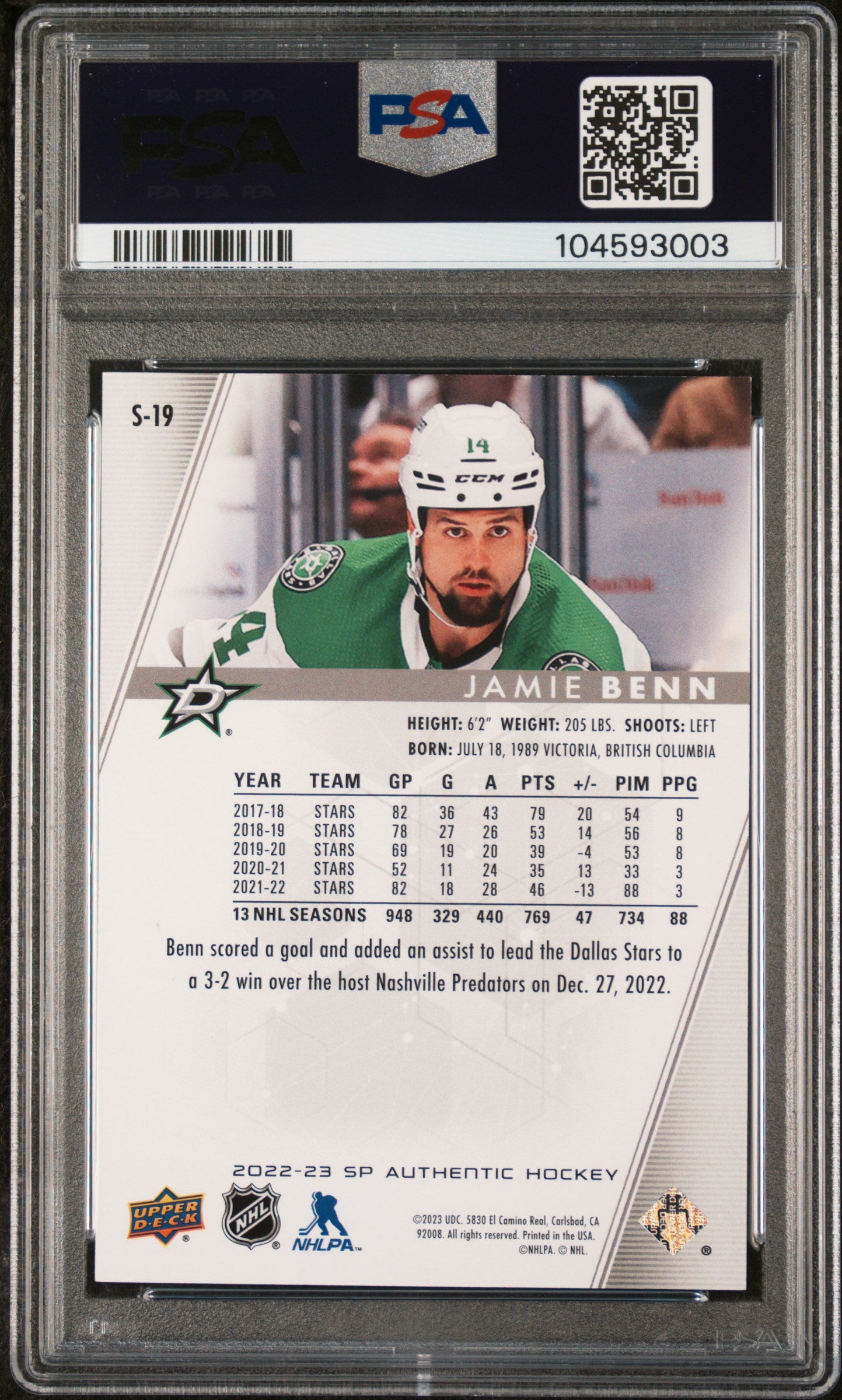 2022 SP Authentic Spectrum FX Jamie Benn #S19 - /50 GOLD - PSA - /50 GOLD