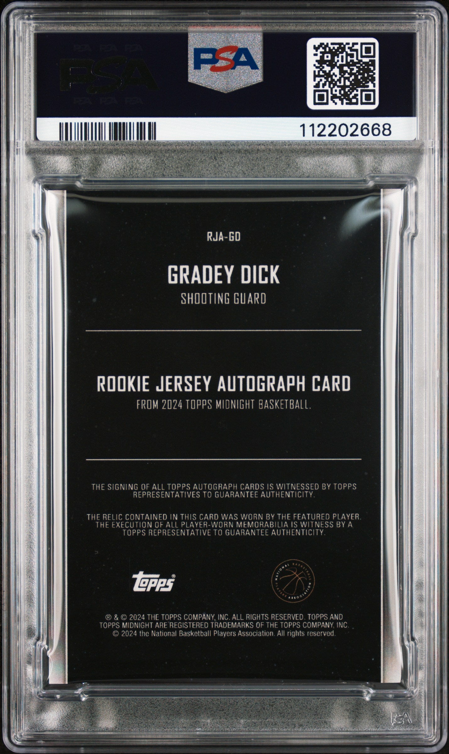 2023 Topps Midnight - Gradey Dick /25 - Moonrise PSA 8 - ROOKIE PATCH AUTO /25