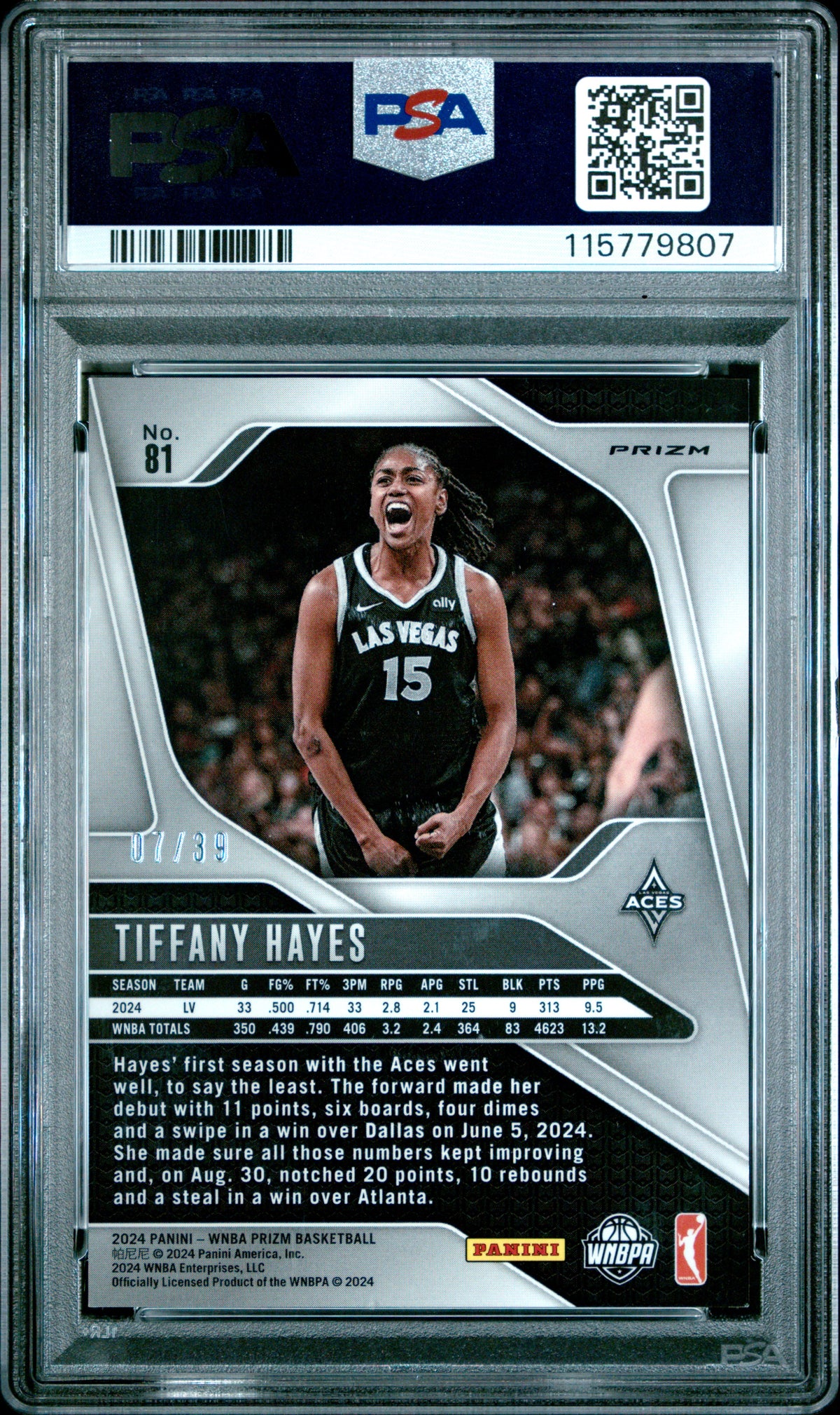 2024 Panini Prizm WNBA- Tiffany Hayes #81- Black Velocity /39 - PSA 9- BLACK /39