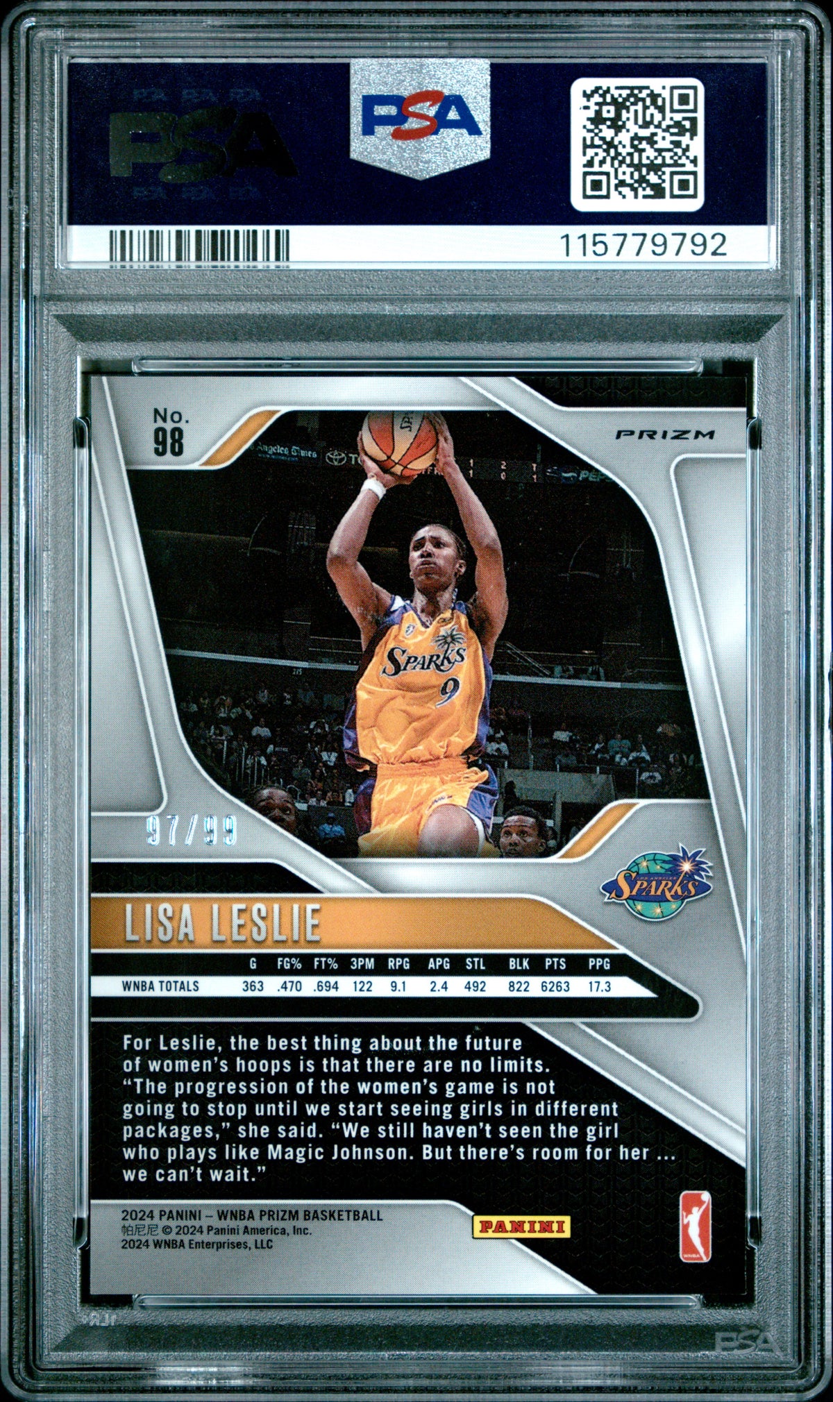 2024 Panini Prizm WNBA - Lisa Leslie #98 - Orange /99 - PSA - /99