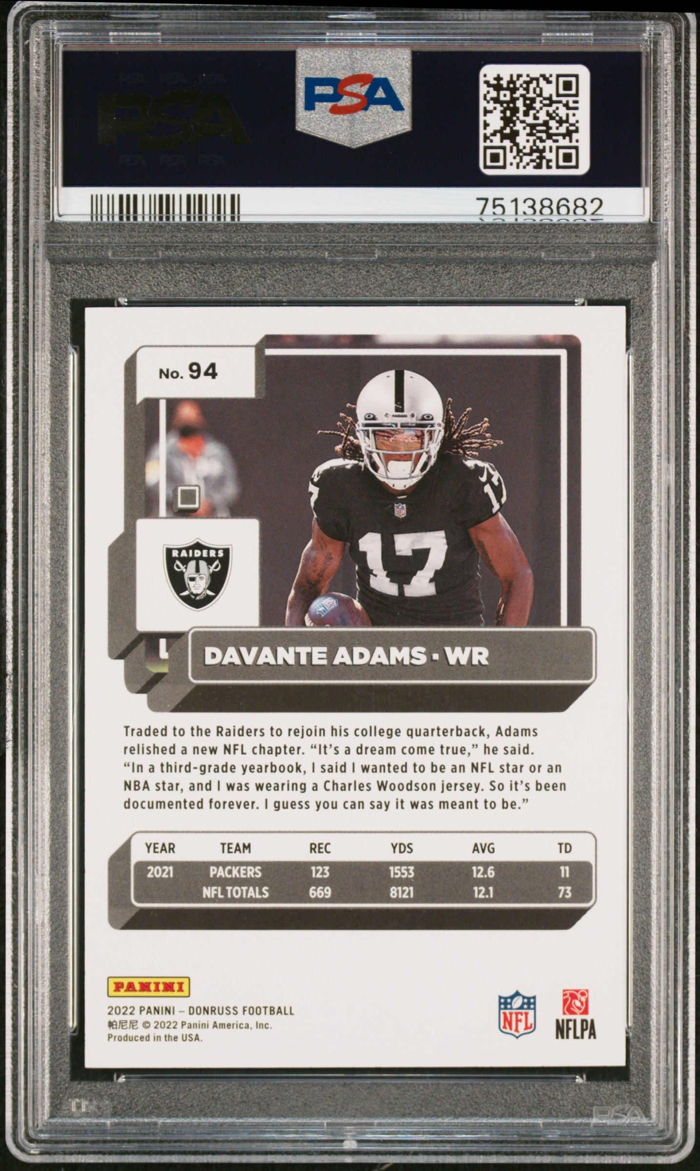2022 Panini Donruss Davante Adams #94 Variation Full Name POP 4 PSA 10 - POP 4