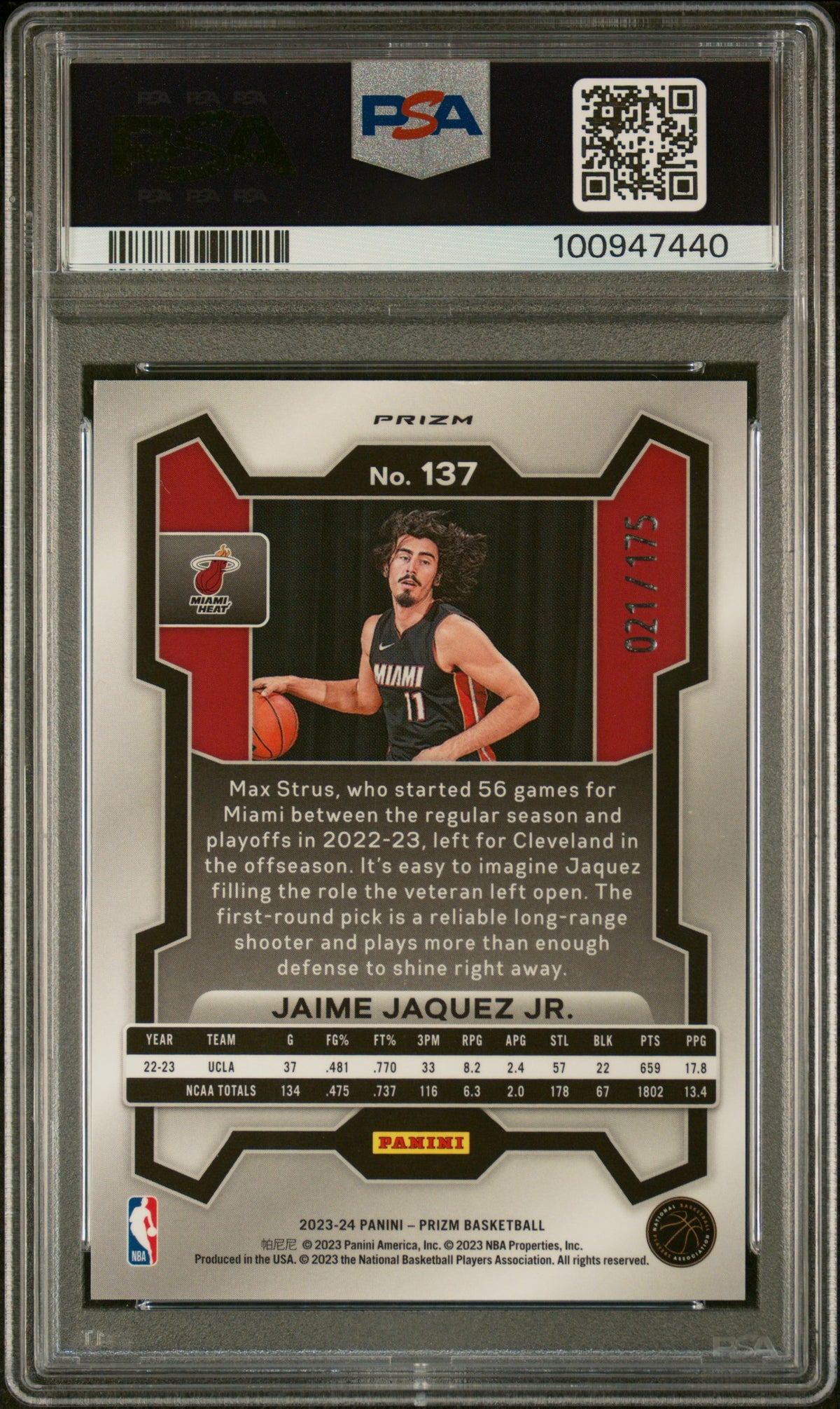 2023 Panini Prizm - Jaime Jaquez JR. - ROOKIE /175 - White Prizm /175 - PSA 10