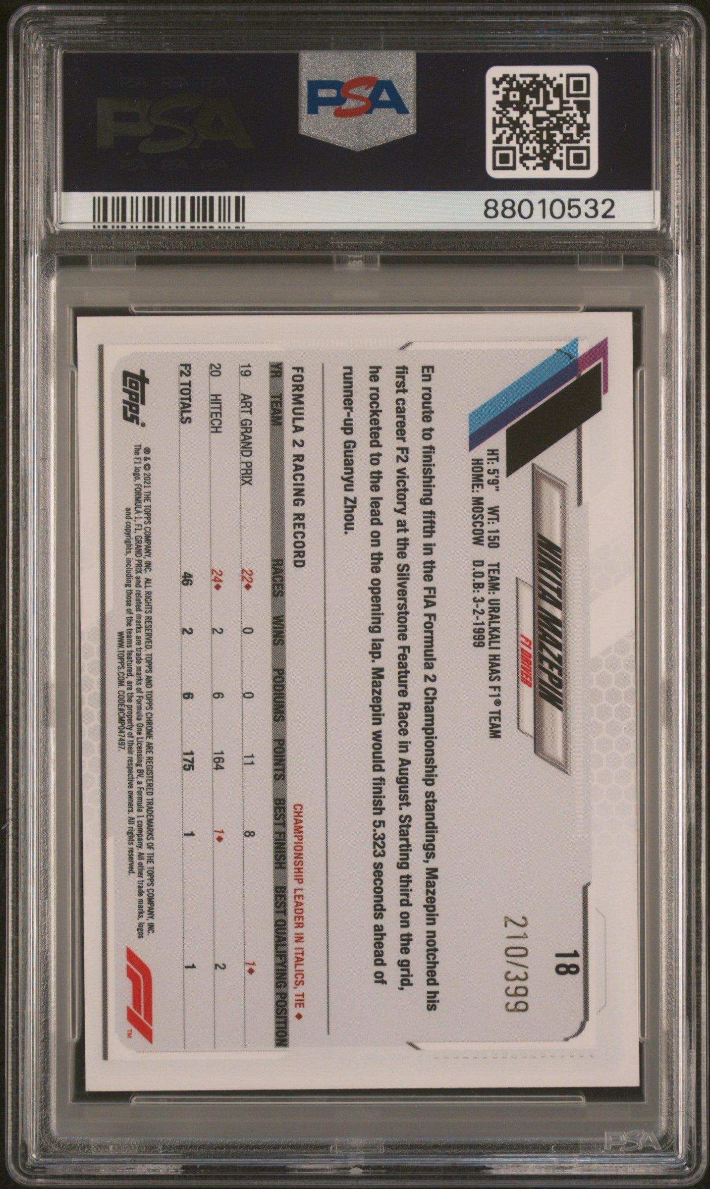 2021 Topps Chrome Formula 1 Nikita Mazepin #18 PSA 6 - /399, ## 210/399