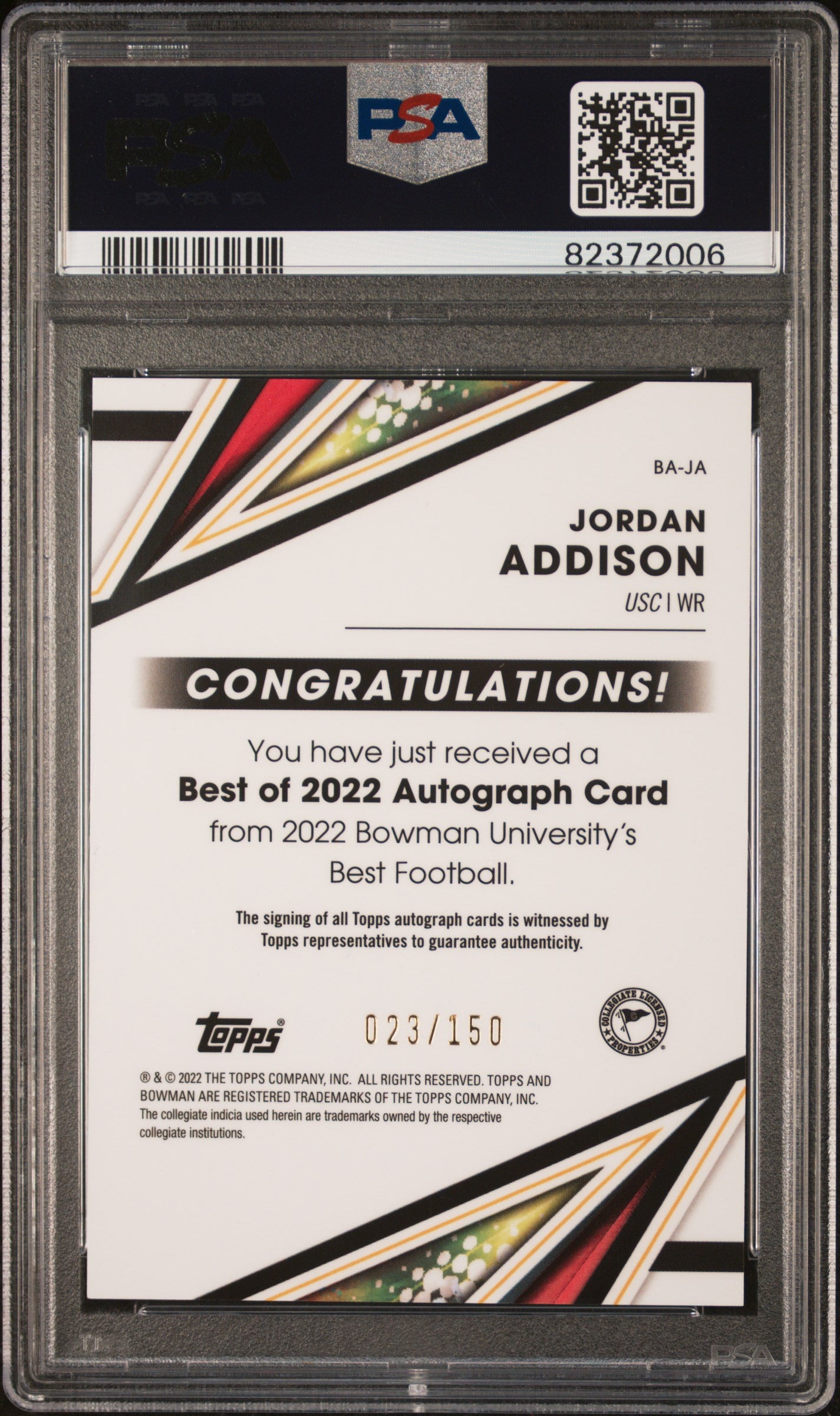 2022 Bowman's Best - Jordan Addison - Blue Refractor AUTO /150 - PSA 10 Auto 10