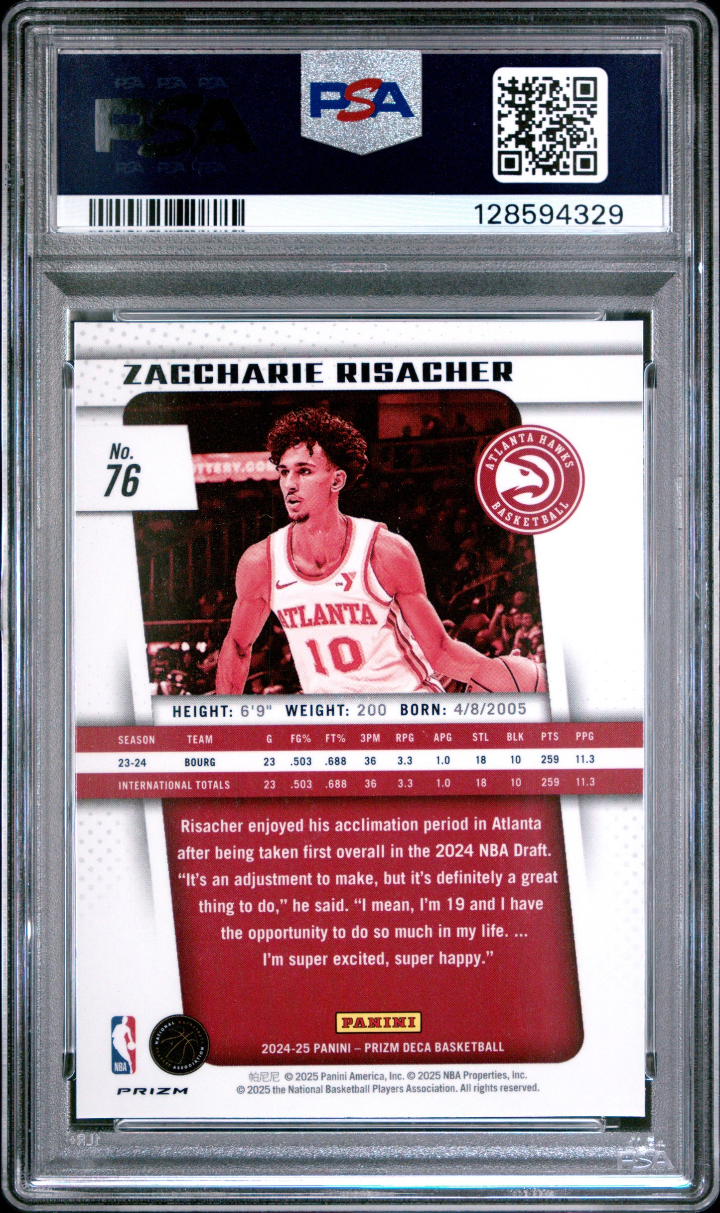 2024 Prizm DECA - Zaccharie Risacher #76 - Rookie Silver Prizm - ROOKIE - PSA 10