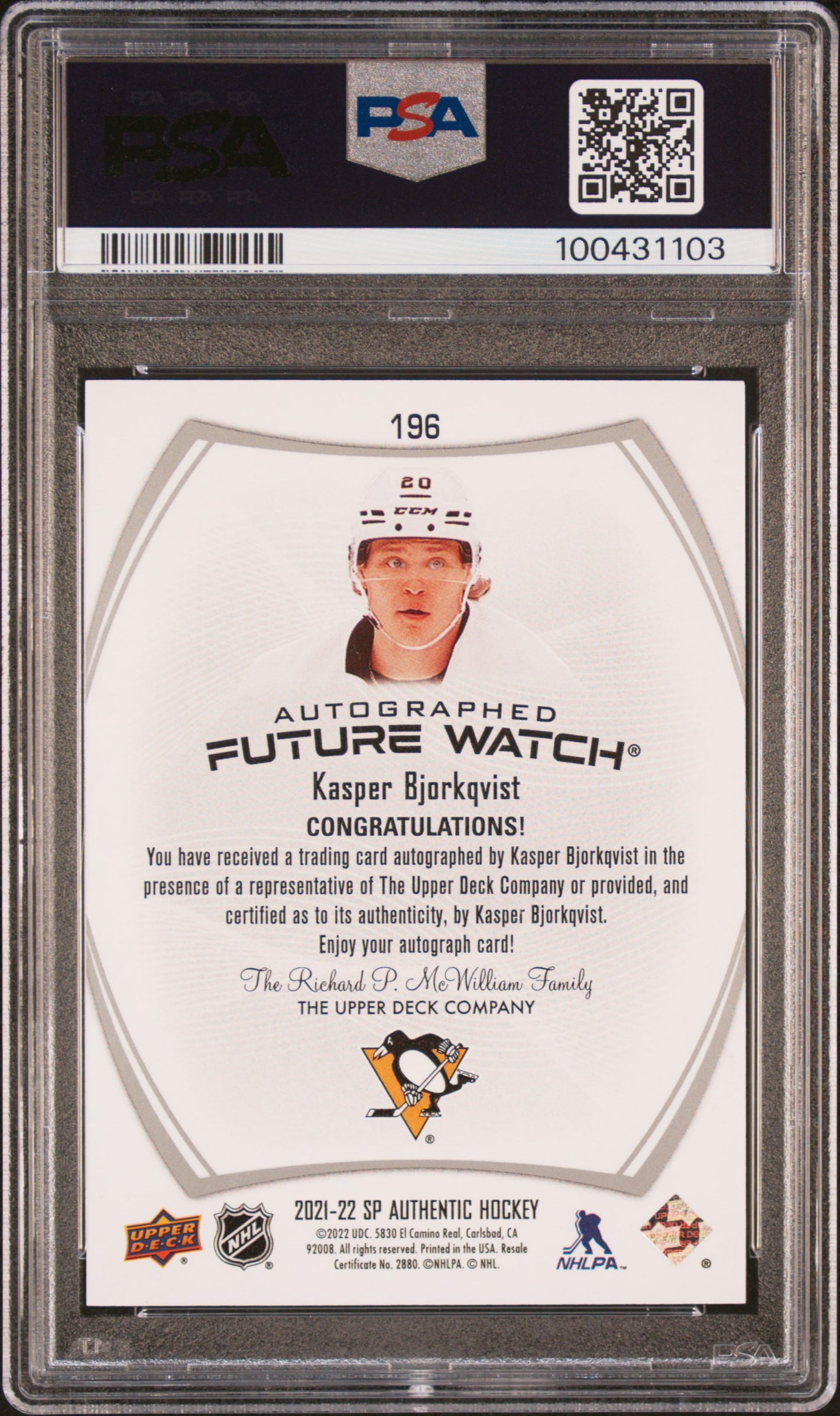 2021 SP Authentic - Kasper Bjorkqvist - FUTURE WATCH AUTO /999 - PSA