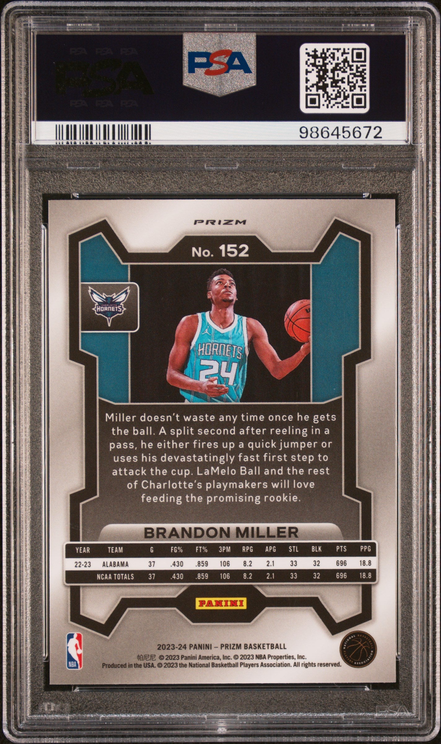 2023 Panini Prizm - Brandon Miller #152 - ROOKIE - Silver Prizm - PSA