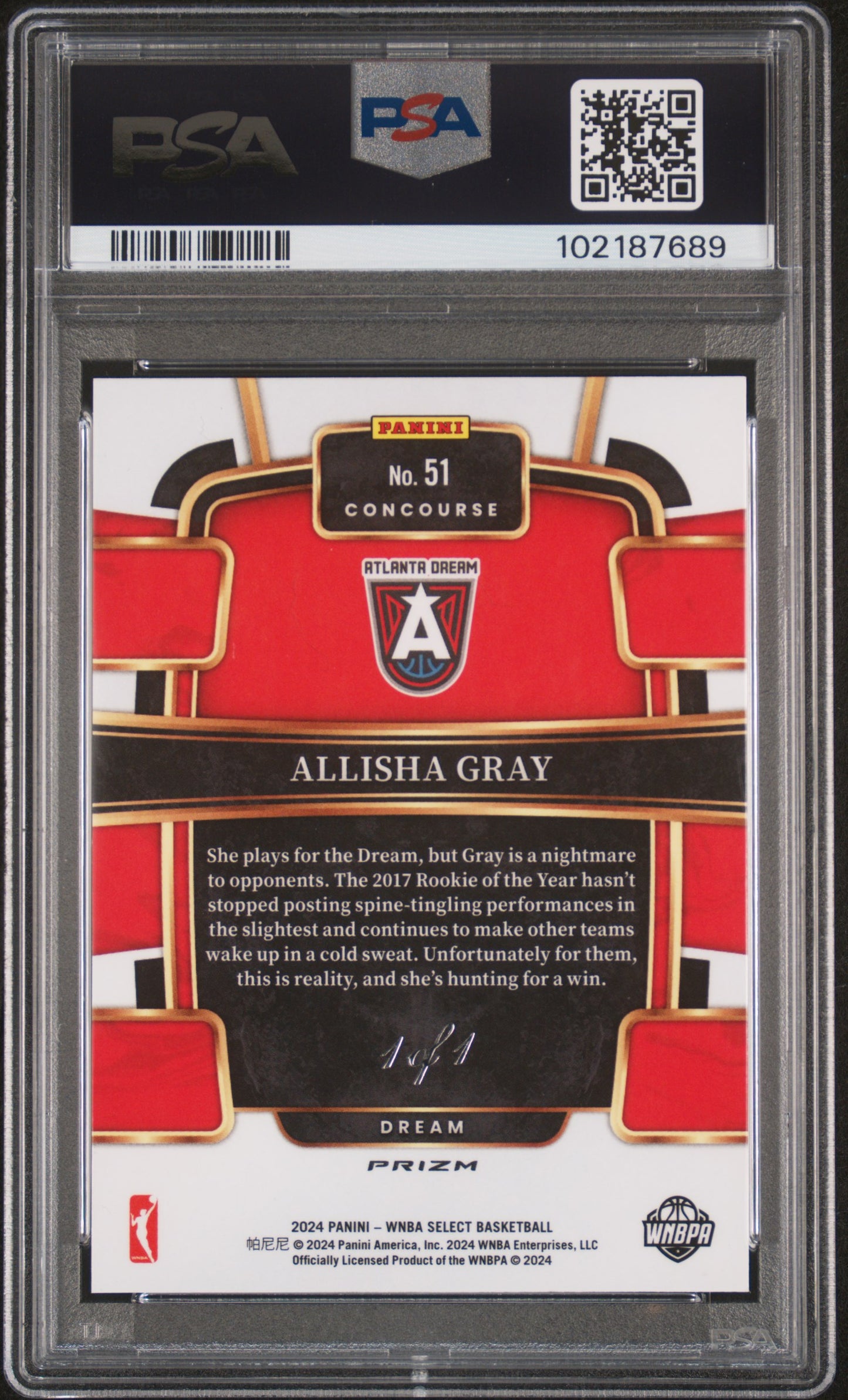 2024 Panini Select WNBA - Allisha Gray #51 - GOLD VINYL 1/1 - PSA 10