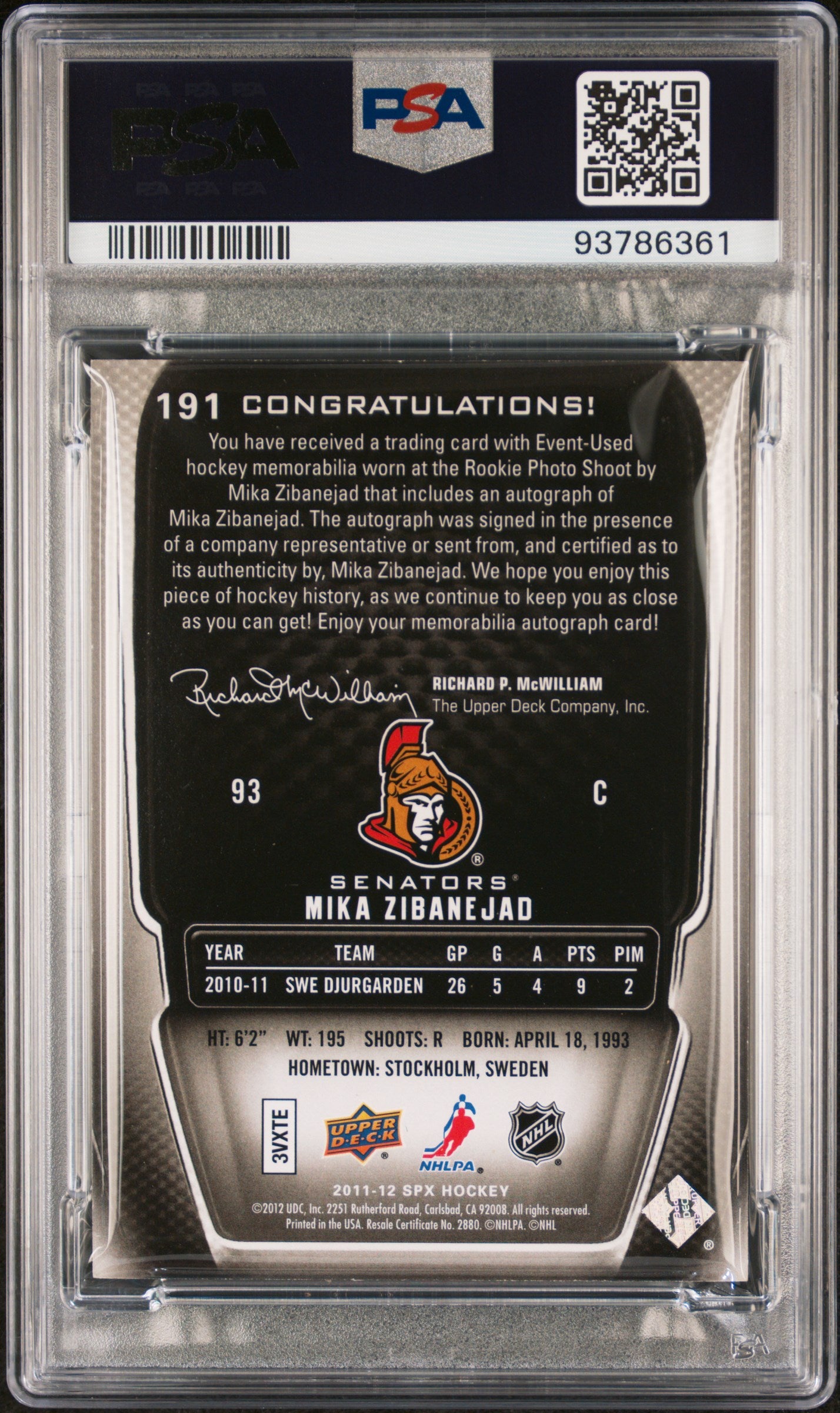 2011 SPX Mika Zibanejad ROOKIE RPA Patch Auto #191 PSA 8 - RPA ROOKIE AUTO