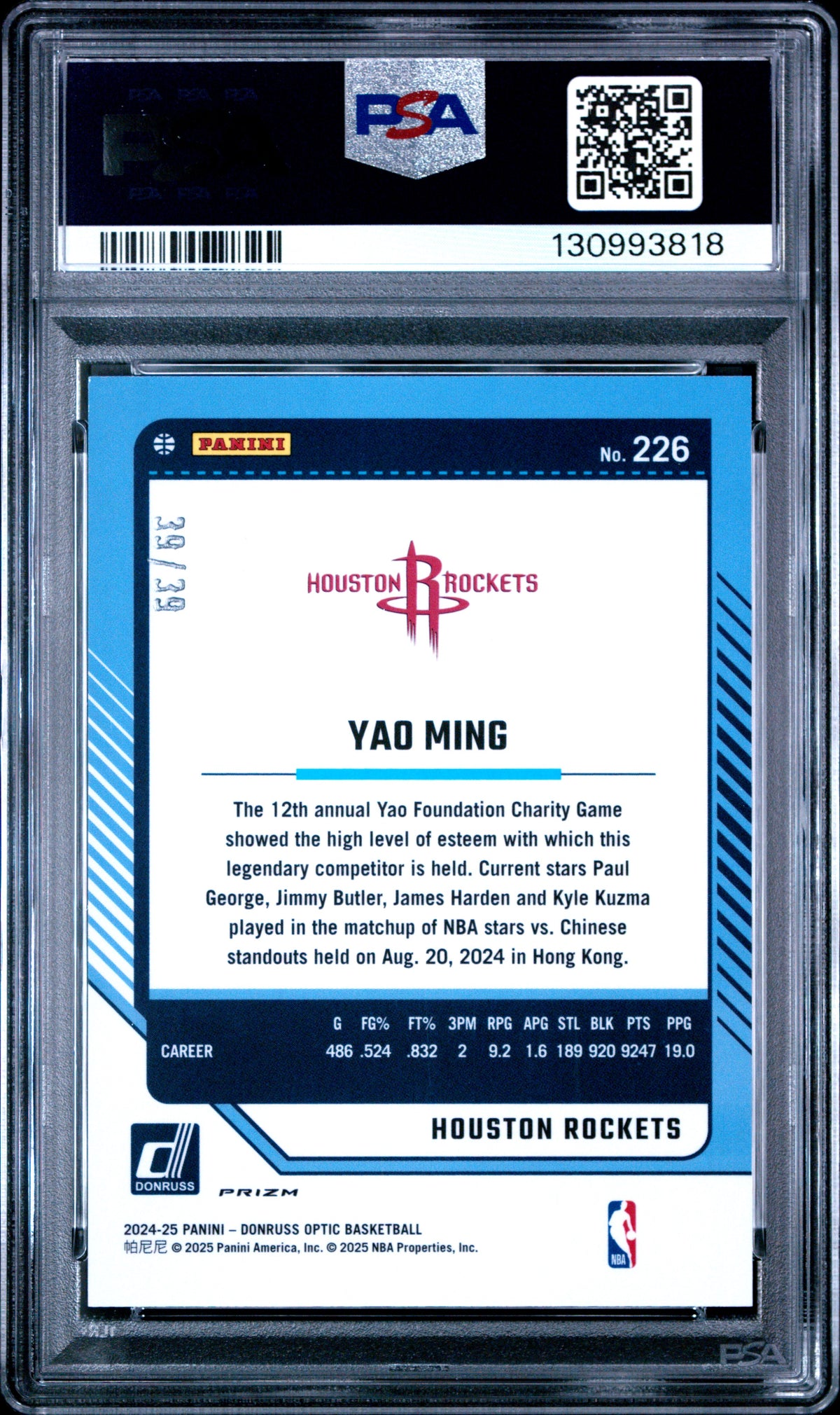 2024 Donruss Optic - Yao Ming #226 -Black Velocity /39 - Bookend #39/39 - PSA 10