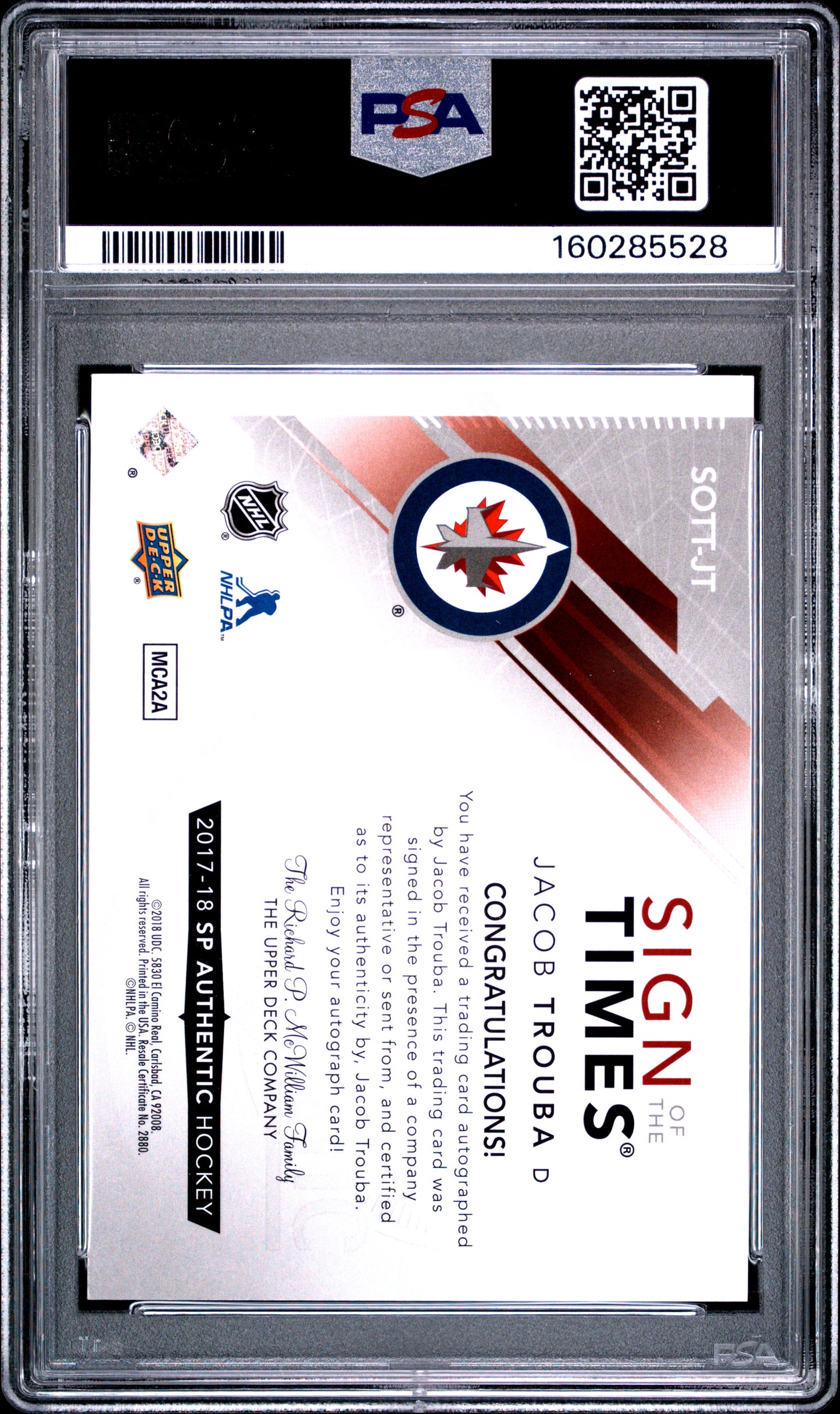 2017 SP Authentic - Jacob Trouba - Sign Times /50 - Inscribed "GO JETS!" - PSA