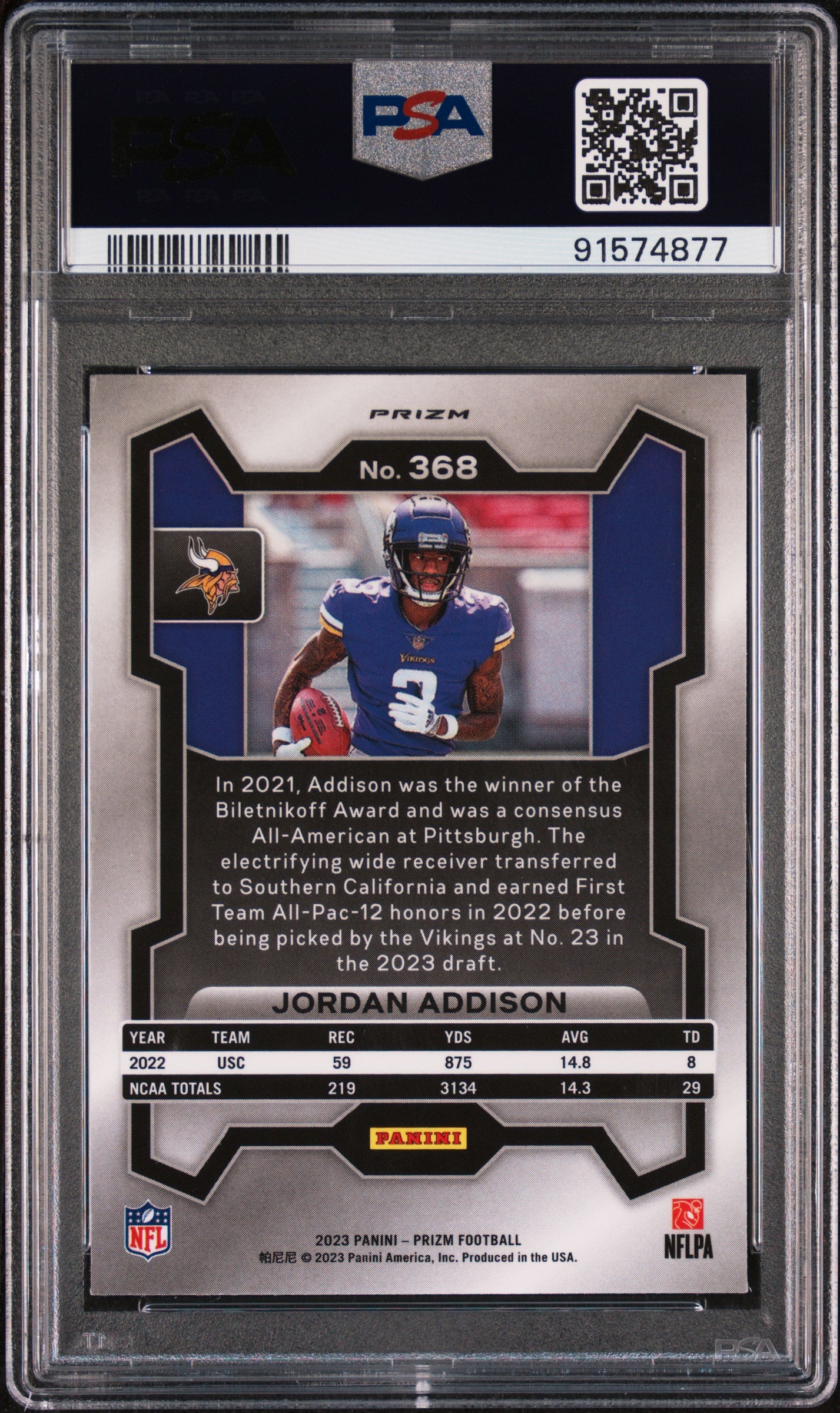 2023 Panini Prizm - Jordan Addison #368 - ROOKIE - Red/White/Blue Prizm - PSA 9
