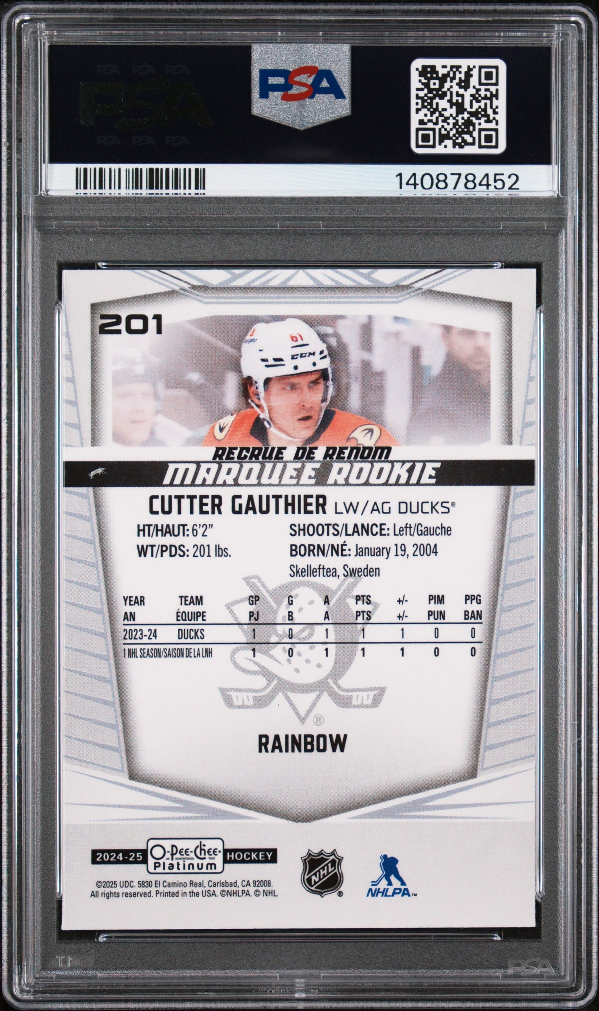 2024 O-Pee-Chee Platinum Hockey - Cutter Gauthier #201 - RAINBOW ROOKIE - PSA 10